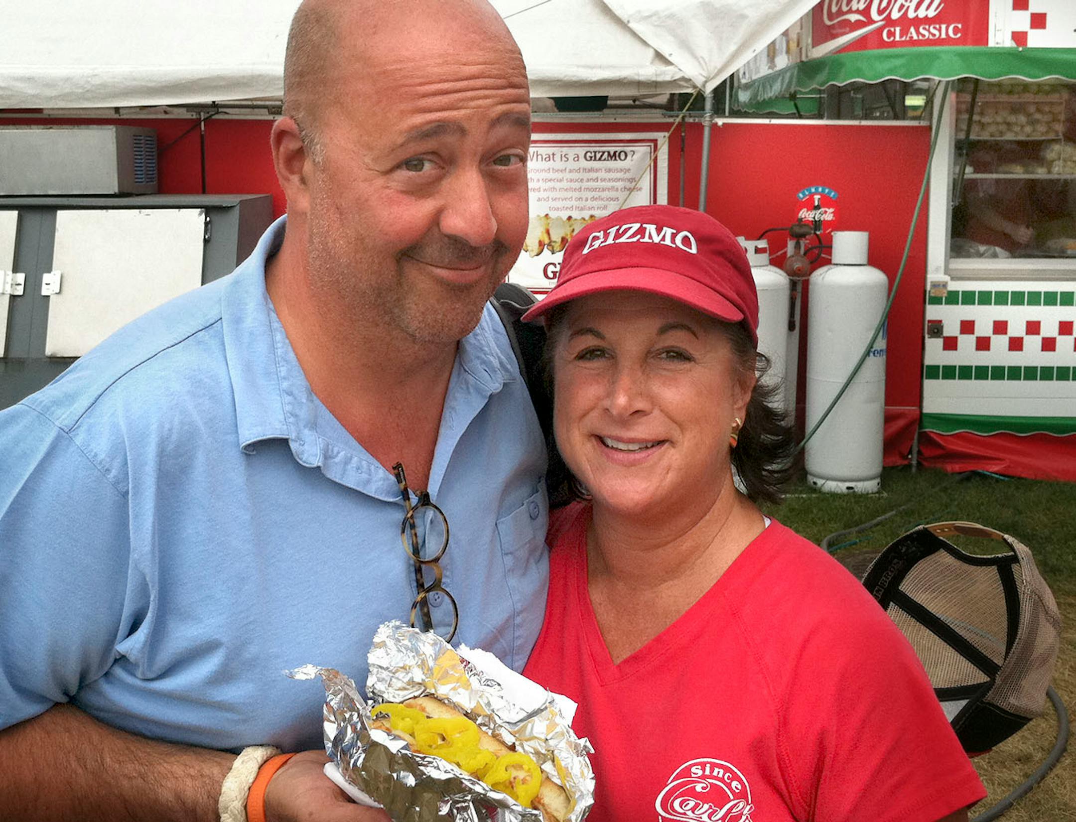 Celebrity foodie Andrew Zimmern helped give Carla Wood's Gizmo sandwiches an early publicity boost.