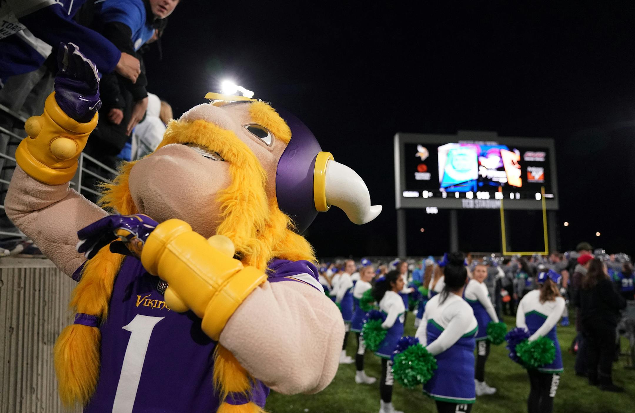 The Minnesota Vikings mascot Viktor greeted fans from Eagan High School prior to Friday night's game against Farmington High School at TCO Stadium, the Viking's practice facility, in Eagan. ] ANTHONY SOUFFLE ï anthony.souffle@startribune.com Eagan High School played Farmington High School in an MSHSL football game Friday, Sept. 28, 2018 at TCO Stadium, the Viking's practice facility, in Eagan, Minn.