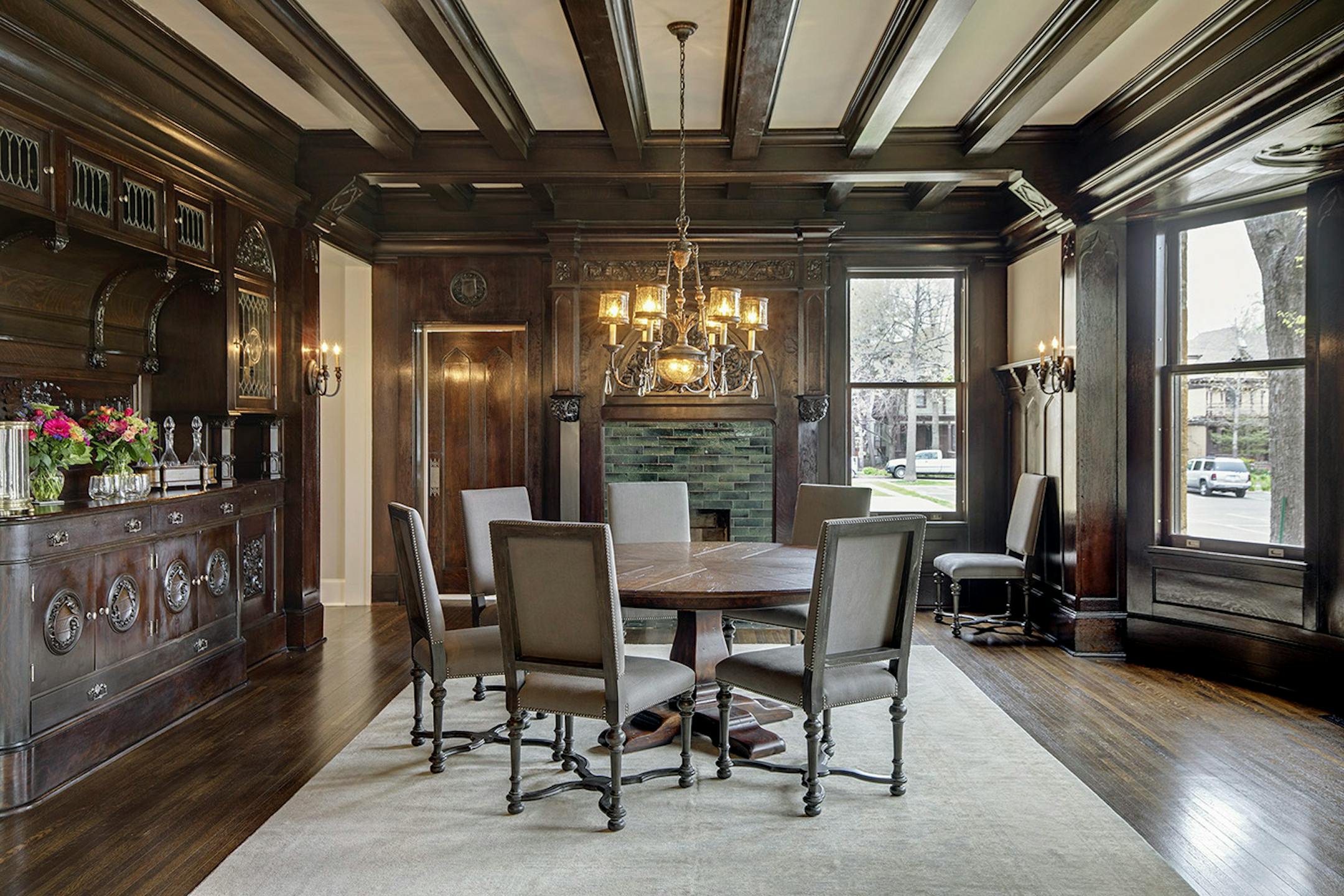 The dining room features an original hand-carved buffet.