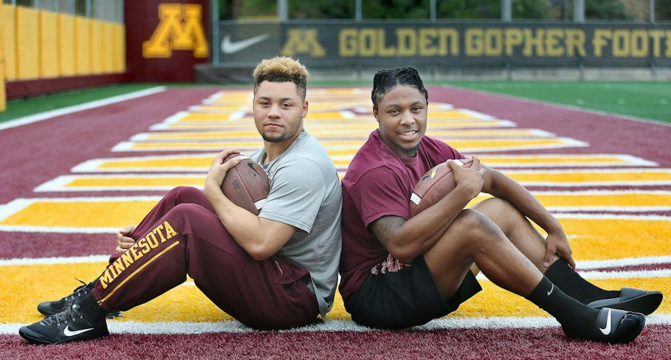 Minnesota Gophers Shannon Brooks, left, and Rodney Smith, right, Thursday, August 4, 2016 at Bierman Field in Minneapolis, MN.