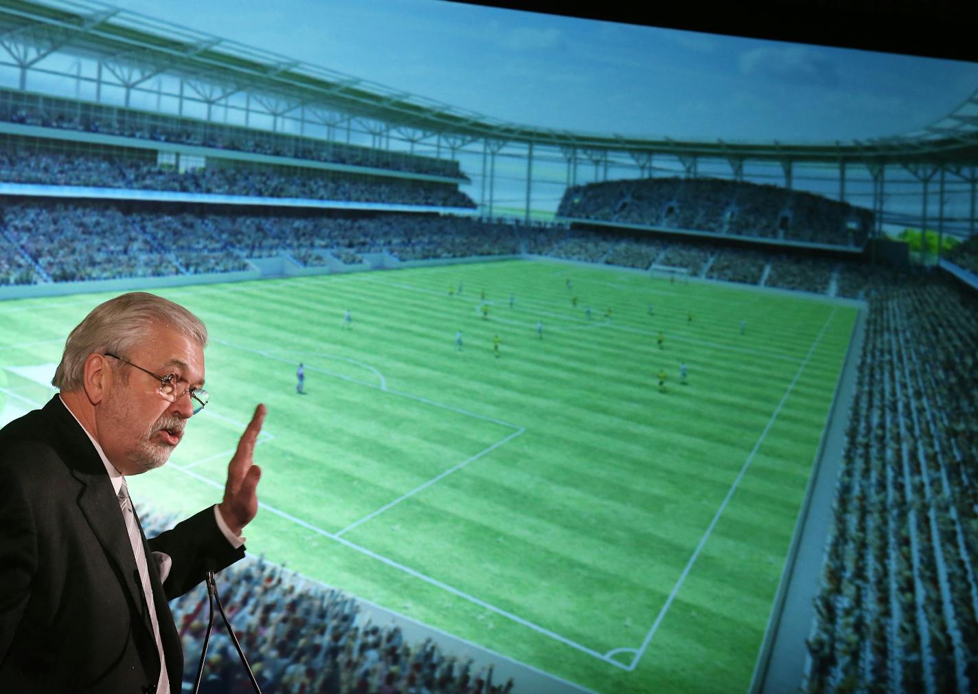 William McGuire owner of the Minnesota United FC showed renderings of the new soccer stadium at press conference Wednesday Feb 24, 2016 in St. Paul.