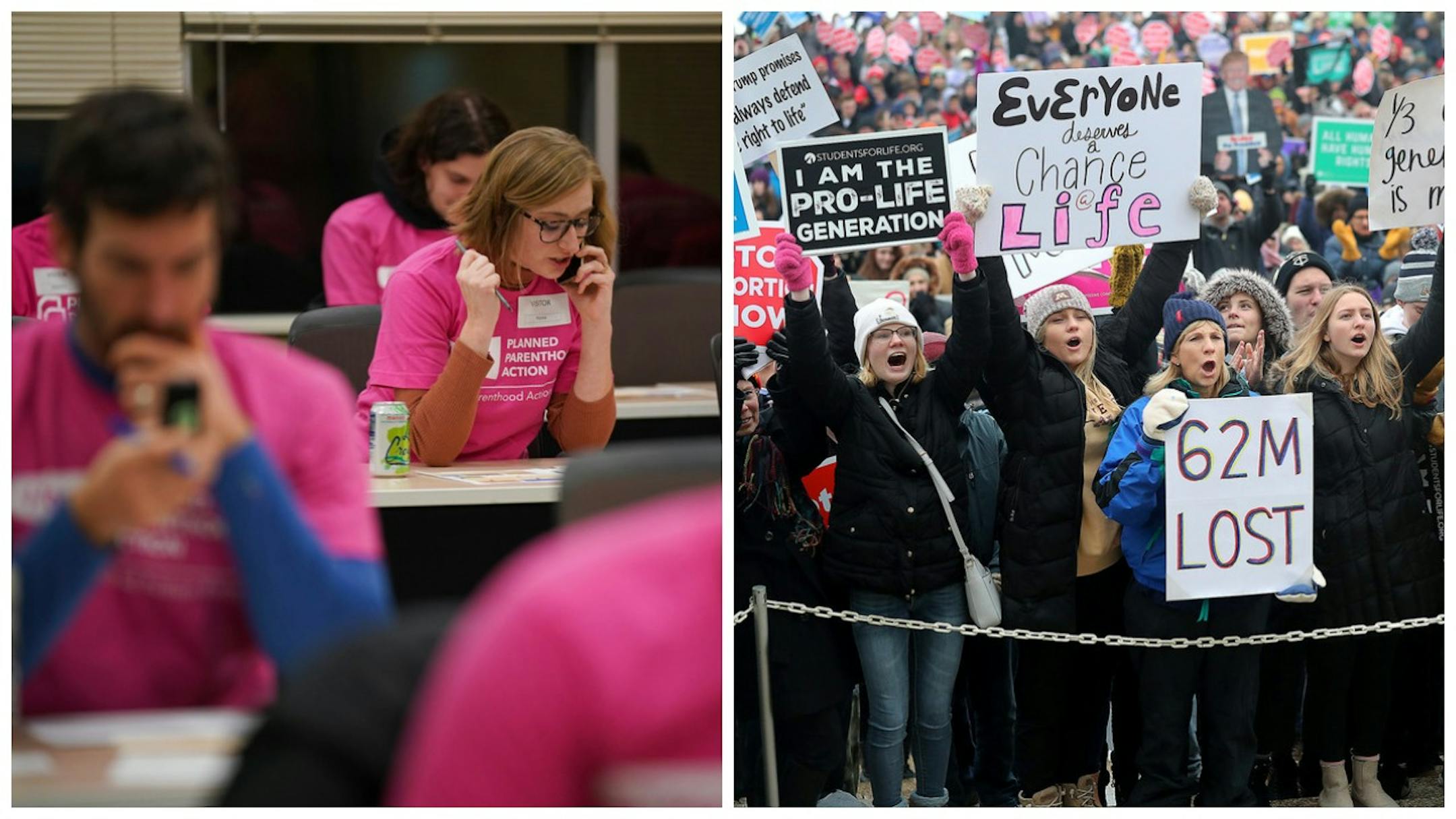 At left, volunteers worked Tuesday at a phone bank at the Planned Parenthood headquarters in St. Paul to reach voters. At right, March for Life supporters gathered at the State Capitol on Wednesday.