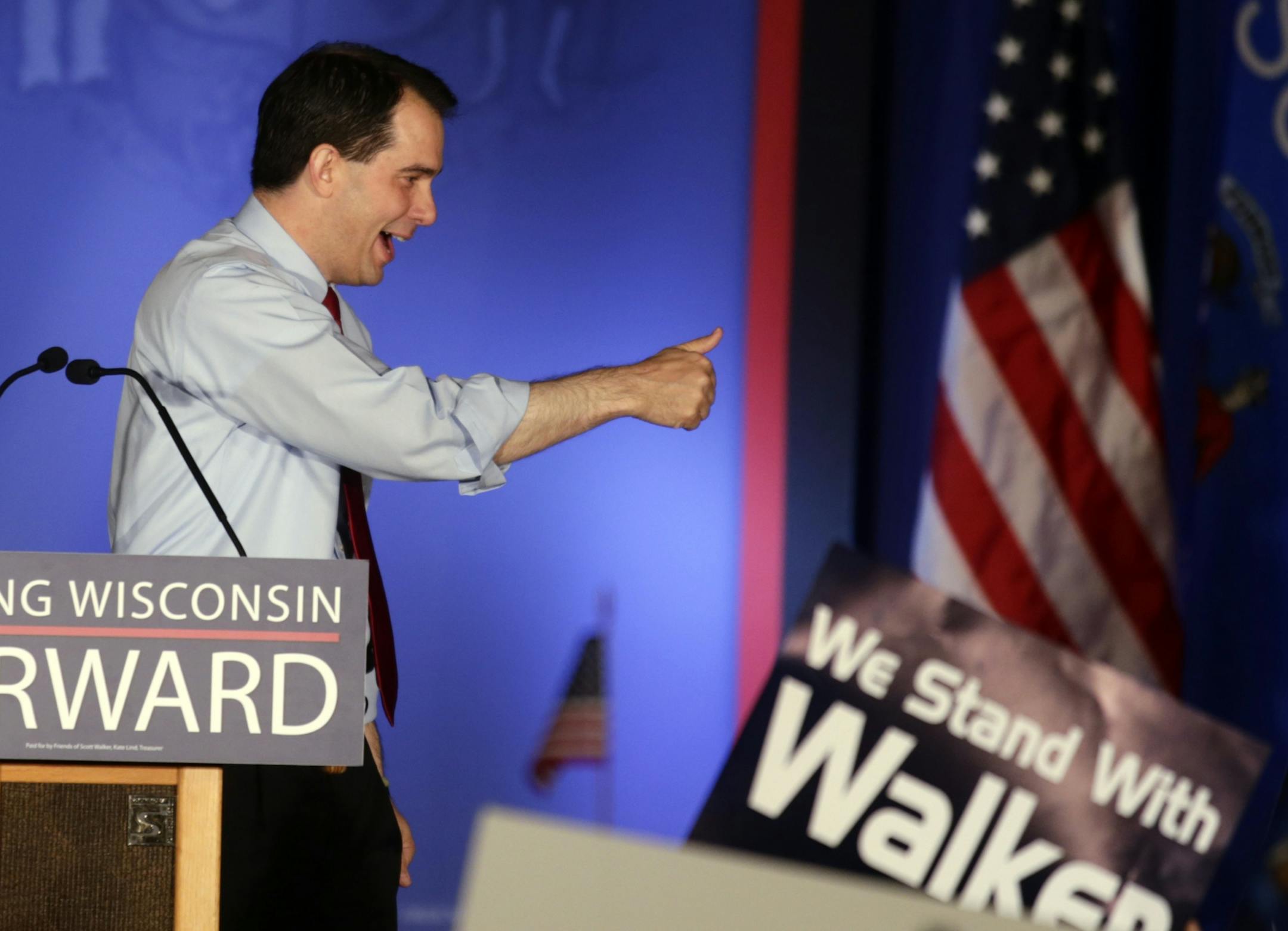 Wisconsin Republican Gov. Scott Walker reacts at his victory party Tuesday, June 5, 2012, in Waukesha, Wis. Walker defeated Democratic challenger Tom Barrett in a special recall election.