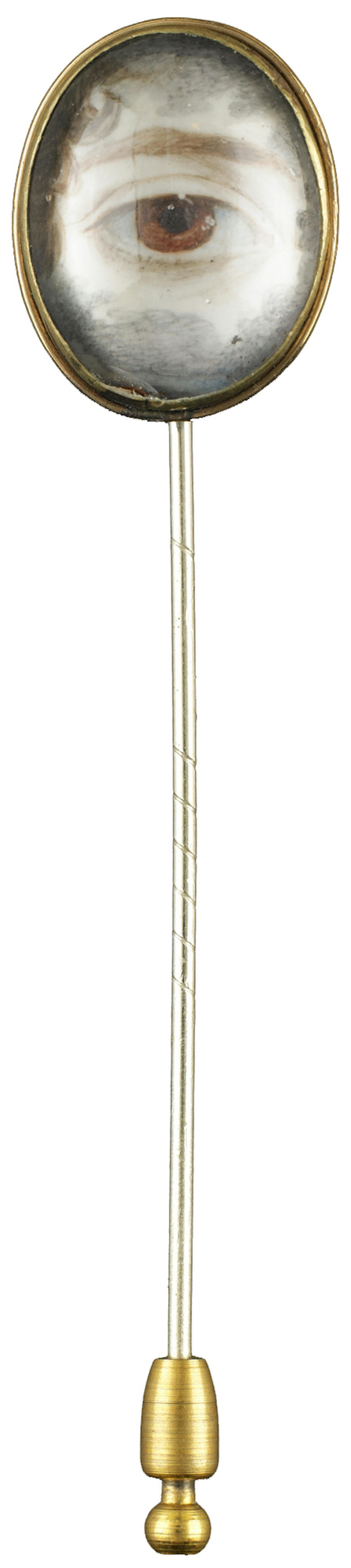 Minneapolis Institute of Arts The Look of Love: Eye Miniatures from the Skier Collection Rose gold cravat stickpin, ca. 1830 Possibly retailed by Snow and Son Jewellers, Ripon, England. Brown right eye. Dimensions: 3 1/4 √ó 3/4 √ó 3/8 in. Purchased from Edith Weber, New York