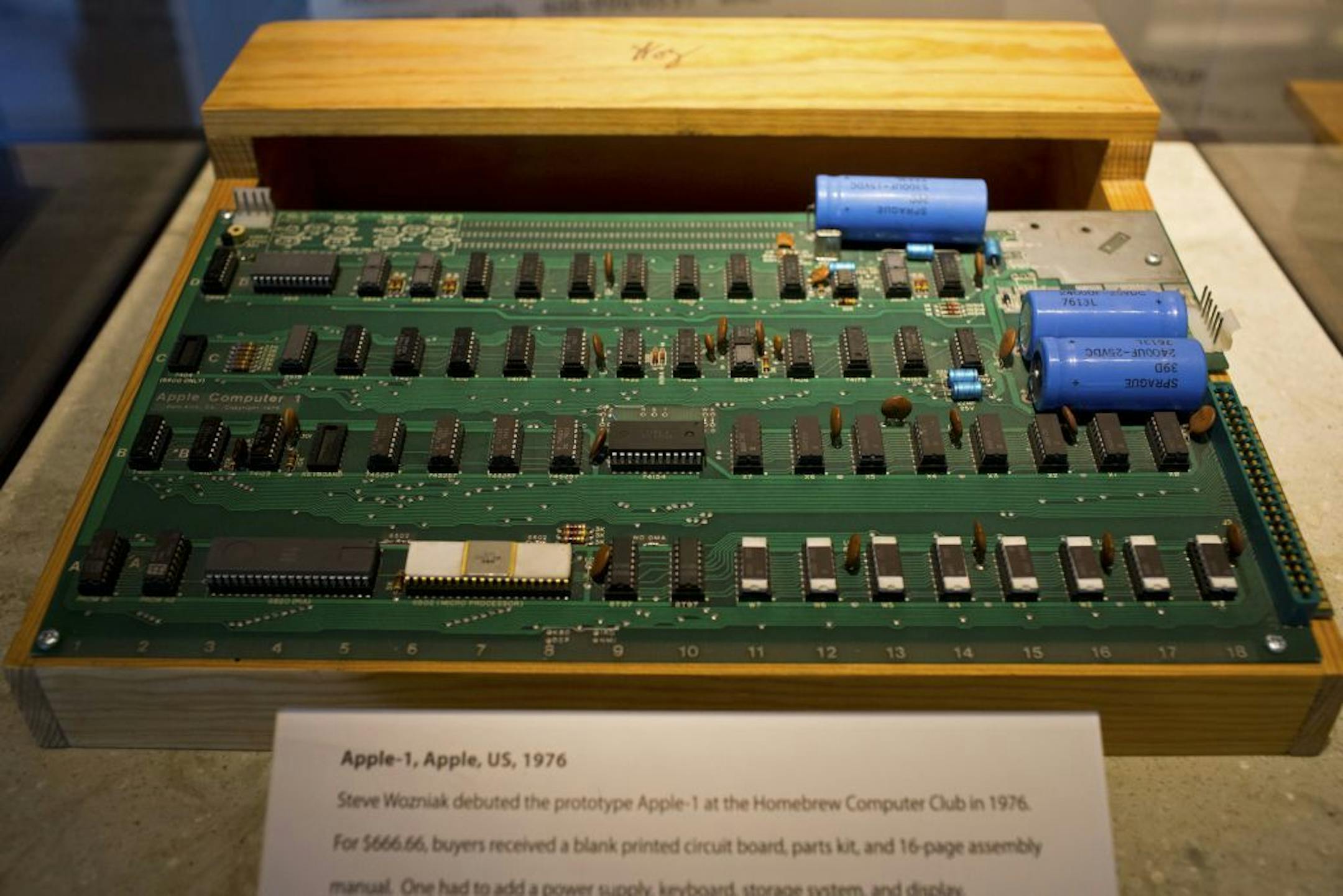 The Apple-1, the computer that Steve Jobs and Steve Wonzniak built in 1976, at the Computer History Museum in Mountain View, Calif., May 23, 2013. Apple-1 computers, built in Steve Jobs's family garage, have sold for hundreds of thousands of dollars in recent auctions, a run-up reflecting the company's mystique.