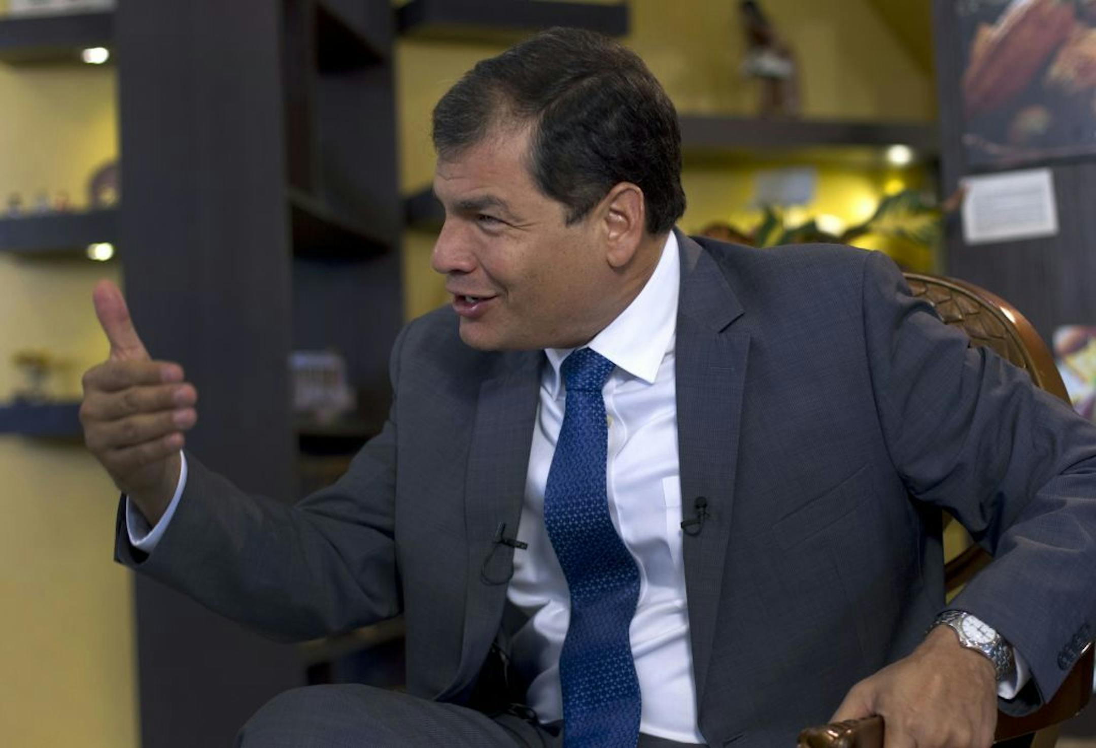 Ecuador's President Rafael Correa, speaks during a interview with The Associated Press in Portoviejo, Ecuador, Sunday, June 30, 2013. Correa said he had no idea Snowden�s intended destination was Ecuador when he fled Hong Kong for Russia last week. He said the Ecuadorean consul in London committed �a serious error� without consulting any officials in the capital, Quito, when the consul issued a letter of safe passage for Snowden.