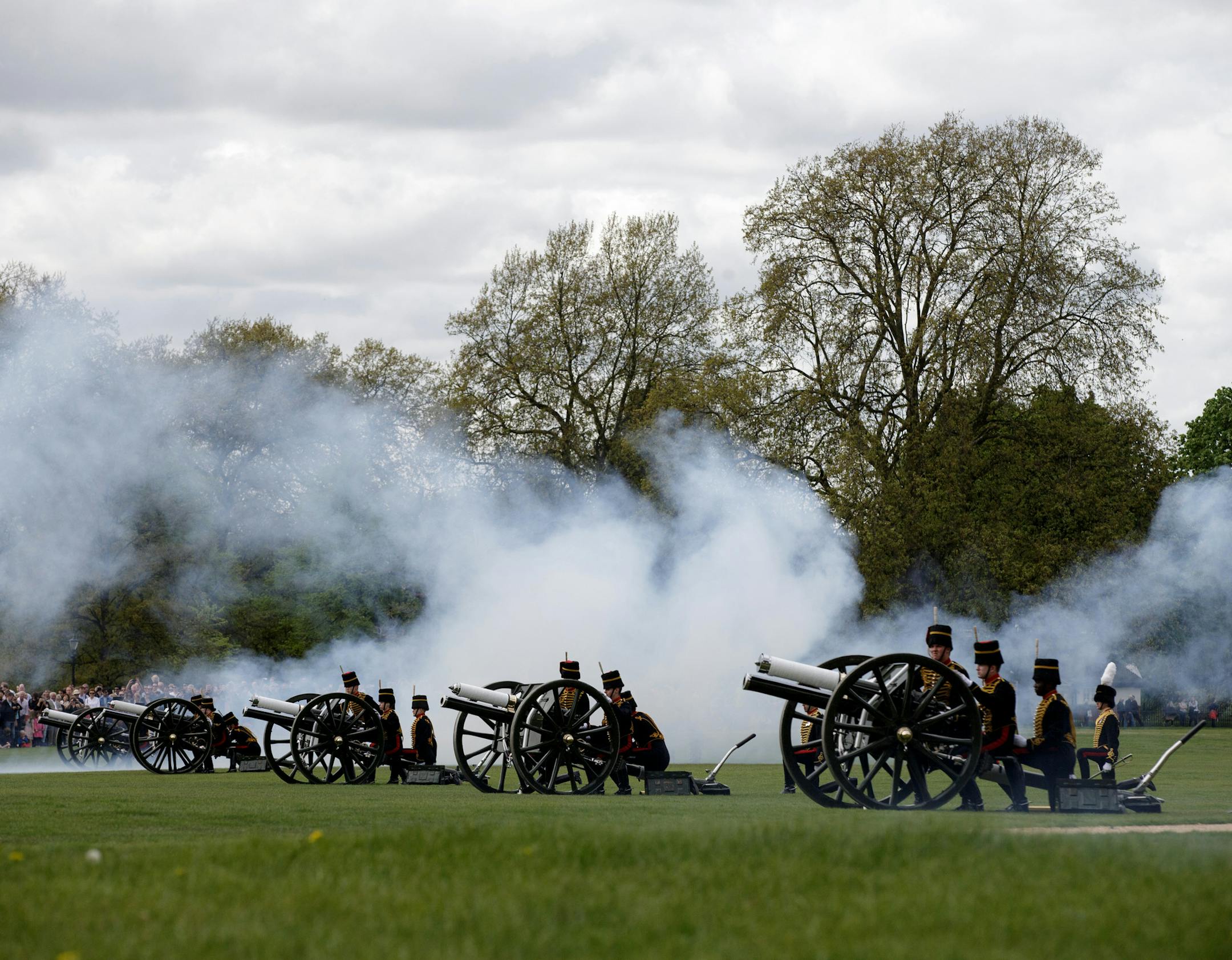 Soldiers of The King's Troop Royal Horse Artillery fire a 41 gun salute to mark the birth of the Duke and Duchess of Cambridge's second child, in Hyde Park, London, Monday, May 4, 2015. Gun salutes are traditionally fired for the birth of every British Prince or Princess. Britain's newborn princess has been named Charlotte Elizabeth Diana. The princess is the second child of Prince William and his wife Kate, the Duchess of Cambridge. The baby will be known as Her Royal Highness Princess Charlott