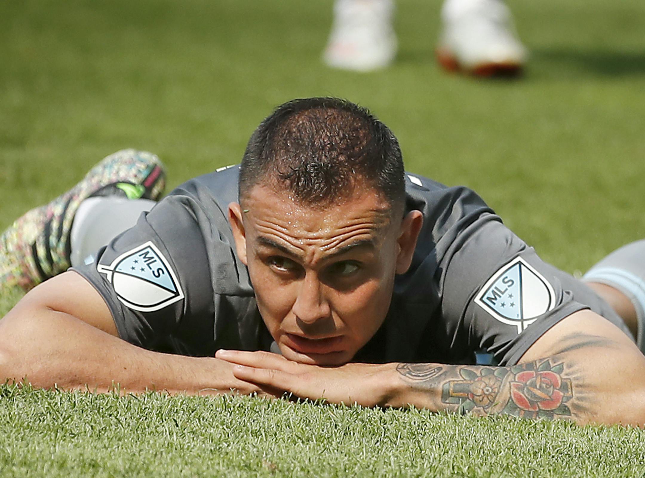 Minnesota United midfielder Miguel Ibarra (10) lays on the ground after a missed play at the goal in the second half. ] LEILA NAVIDI • leila.navidi@startribune.com BACKGROUND INFORMATION: Minnesota United plays against Philadelphia Union at Allianz Field in St. Paul on Sunday, June 2, 2019. Philadelphia Union won 3-2.