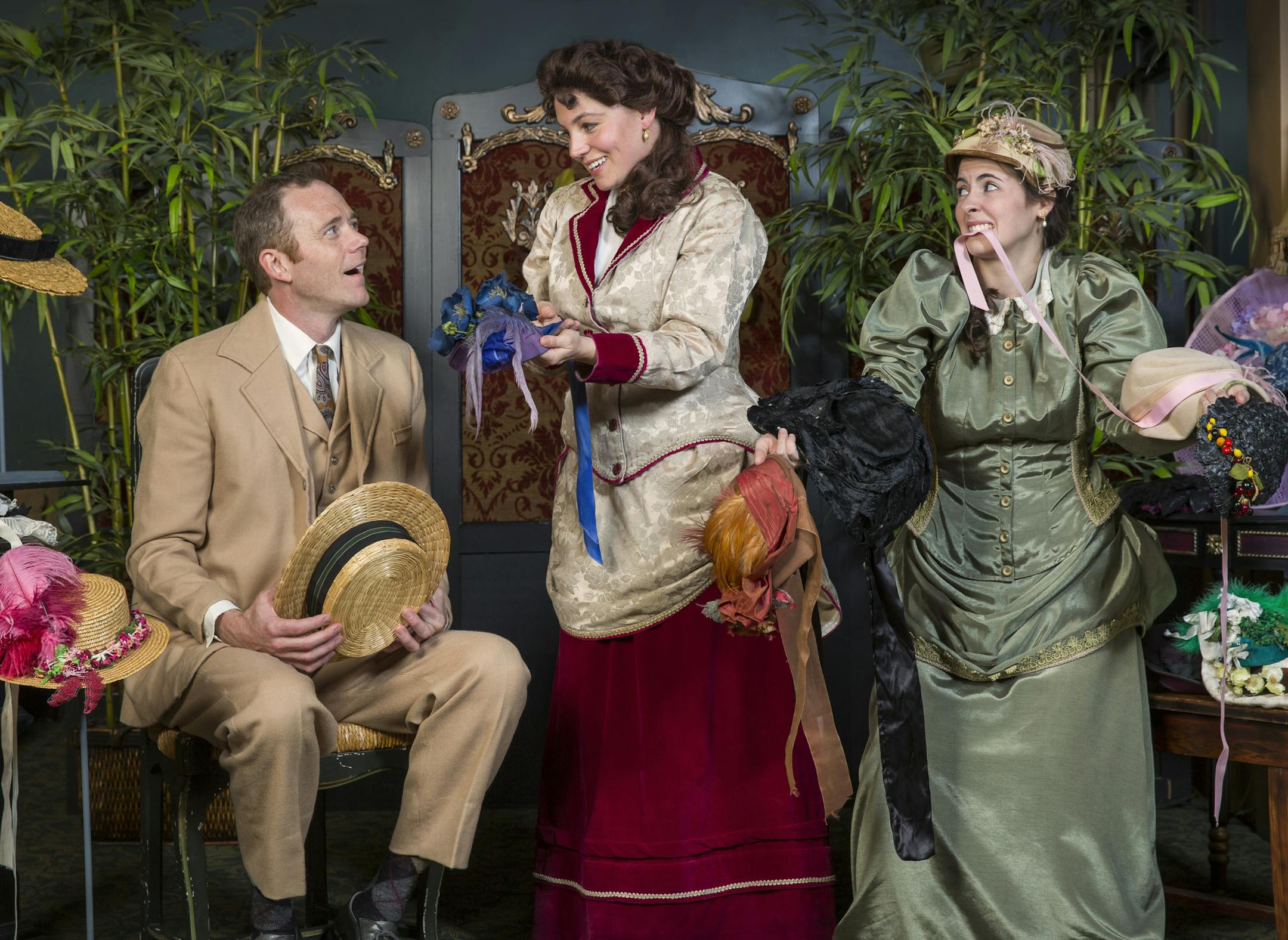 (L-R): Dan Hopman as Cornelius Hackl, Lindsay Marcy as Irene Molloy, and Christian Bardin as Minnie Fay in Girl Friday Productions presents The Matchmaker by Thornton Wilder Photographer: Richard Fleischman