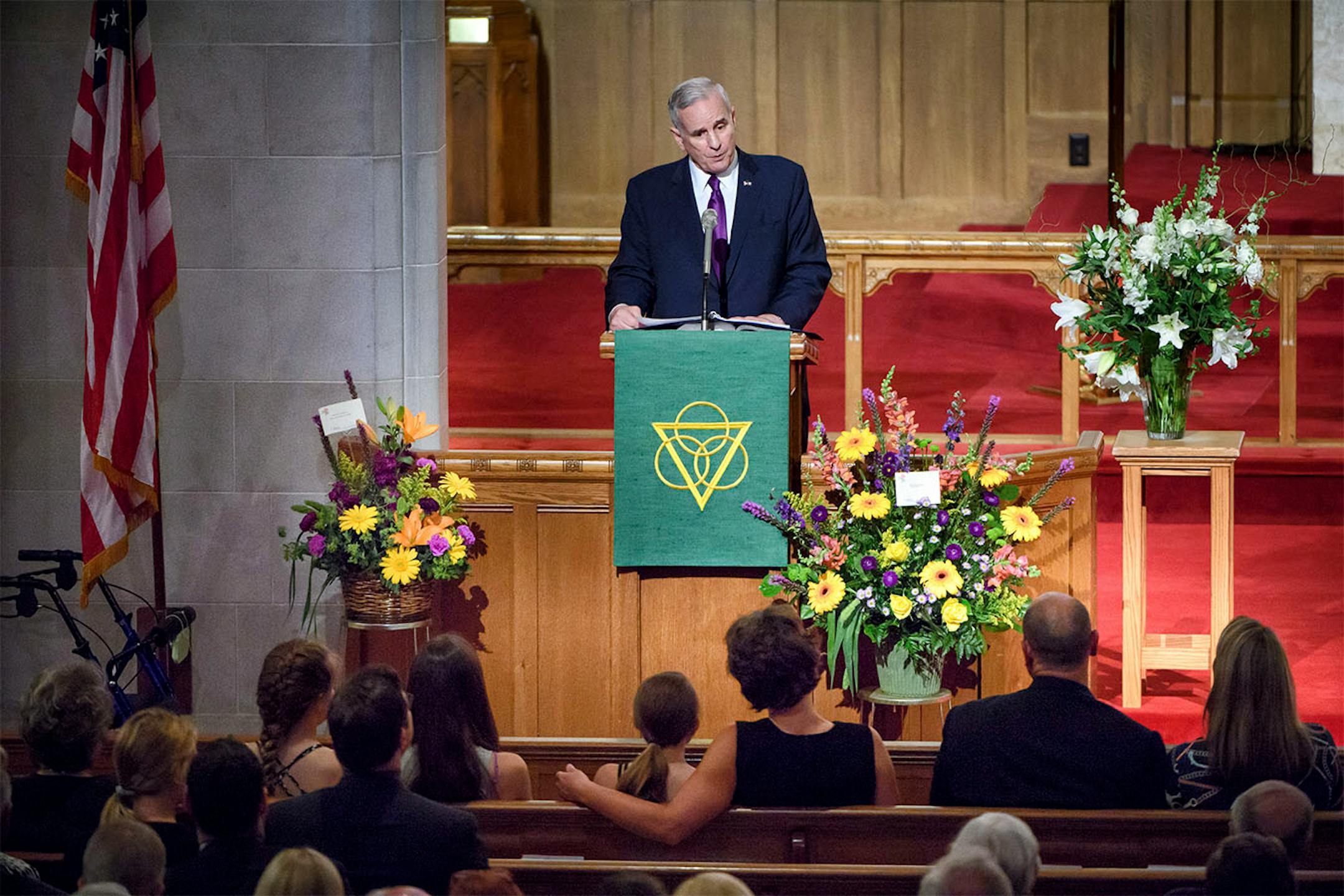 Governor Dayton spoke about Governor Anderson's history and legacy. Former Gov. Wendell Anderson's funeral, Monday at Mount Olivet Lutheran Church, Minneapolis.