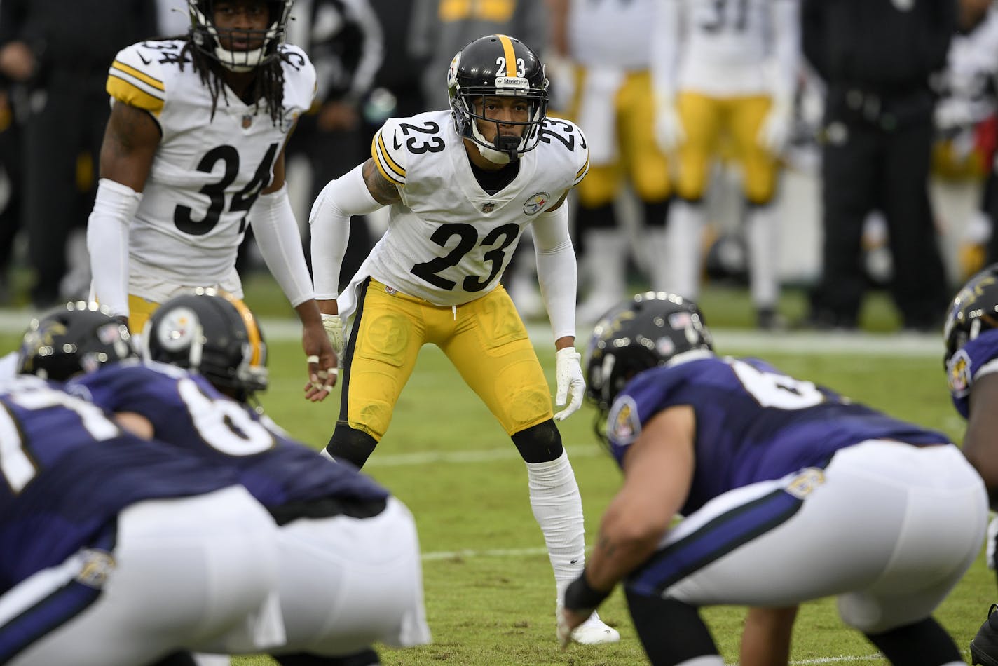 Pittsburgh Steelers cornerback Joe Haden (23) lines up during the first half of an NFL football game against the Baltimore Ravens, Sunday, Nov. 1, 2020, in Baltimore. (AP Photo/Nick Wass)