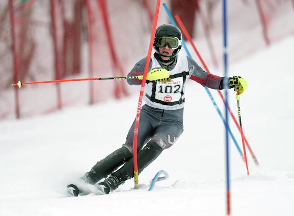 Minnesota Boys and Girls Alpine skiing state meet. Minneapolis Washburn's Luke Conway was in the lead after the first run. ]
