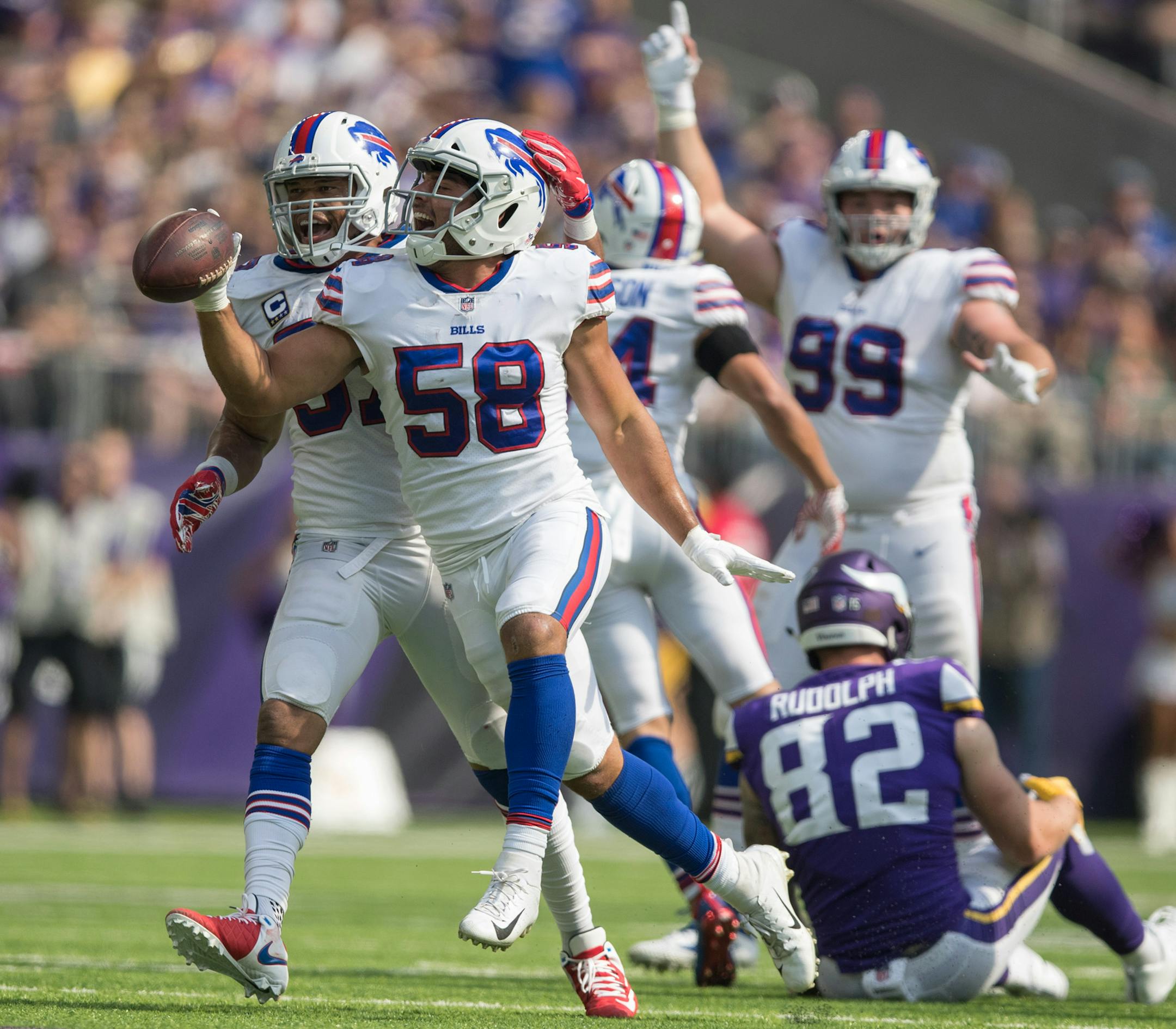 Buffalo Bills linebacker Matt Milano (58) celebrated his third quarter interception at US Bank Stadium Sunday September 23, 2018 in Minneapolis, MN. ] JERRY HOLT ï jerry.holt@startribune.com