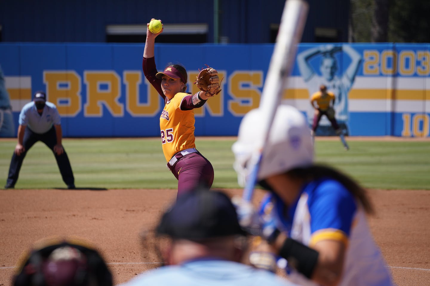 Gophers pitcher Autumn Pease delivered against UCLA during NCAA softball regional action Sunday, May 23, 2021, in Los Angeles. Pease gave up two run on seven hits in seven innings with seven strikeouts as the Gophers lost 2-1 to the Bruins, ending their season. (University of Minnesota photo)