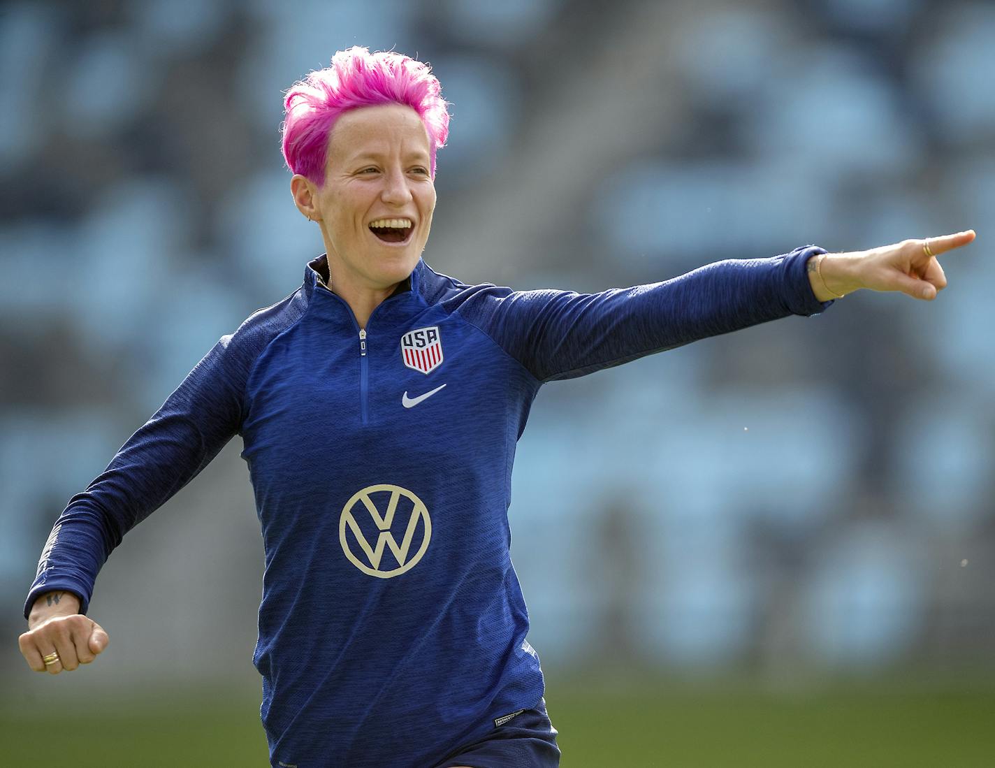 U.S. women's national team forward Megan Rapinoe was all smiles as she warmed up during an open practice at Allianz Field, Monday, September 1, 2019 in St. Paul, MN. They will play a friendly game against Portugal on Tuesday. ] ELIZABETH FLORES &#x2022; liz.flores@startribune.com