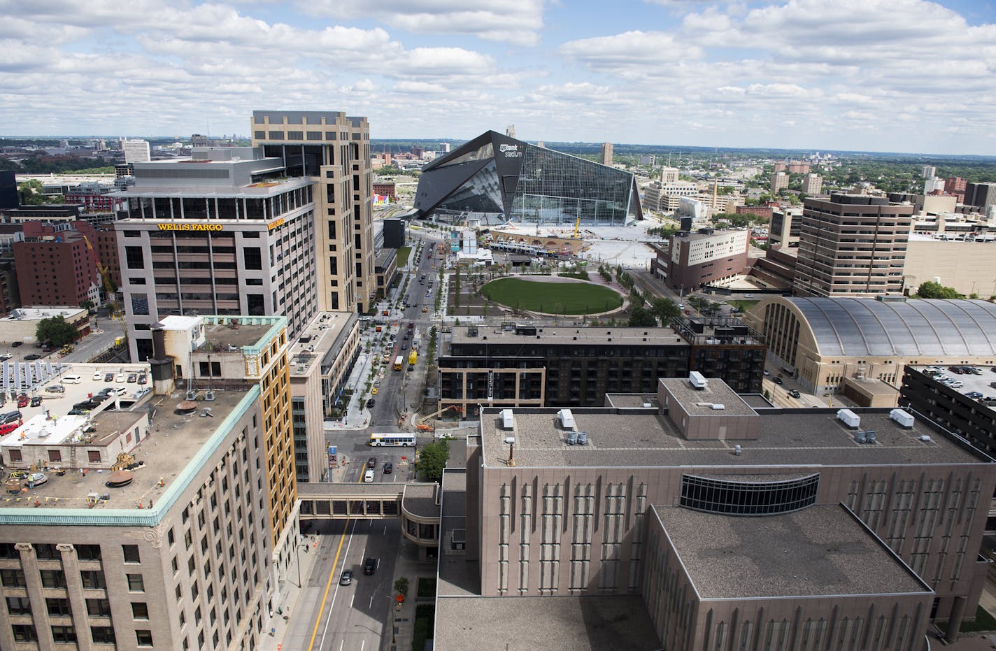 The view from the bell tower of the City Council building facing the new US Bank Stadium. ] Isaac Hale &#xef; isaac.hale@startribune.com Teresa Baker, of the Municipal Building Commission, gave a tour of the oddities and interesting facets of the Minneapolis City Council building on Monday, June 27, 2016.