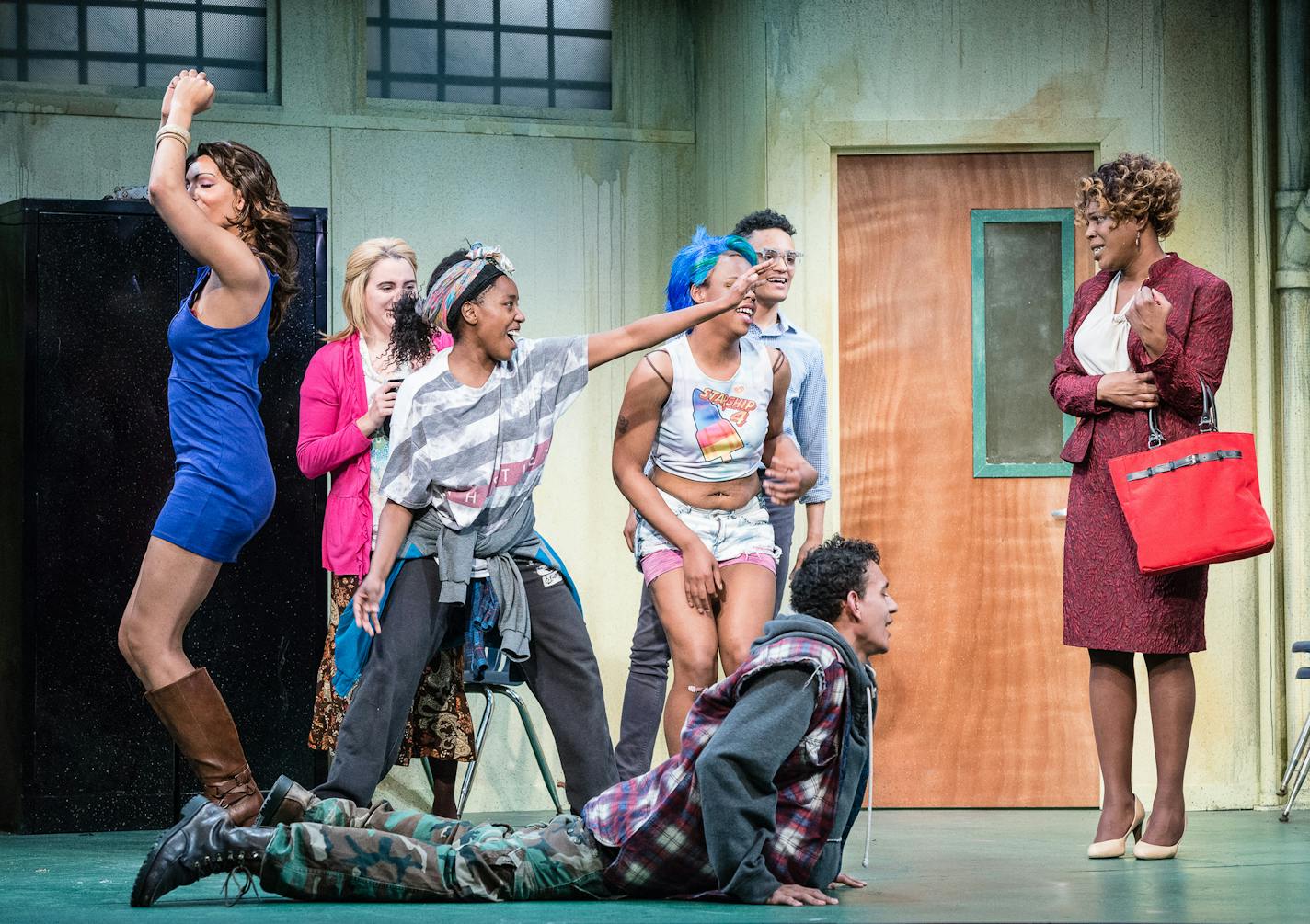 From left to right: Rehema Mertinez, Jay Owen Eisenberg, Jennifer Waweru, Alyssandra Taylor, Nathan Barlow, Ryan Colbert (on floor), Mizz June. Photo by Rich Ryan. "Charm" at Mixed Blood Theatre