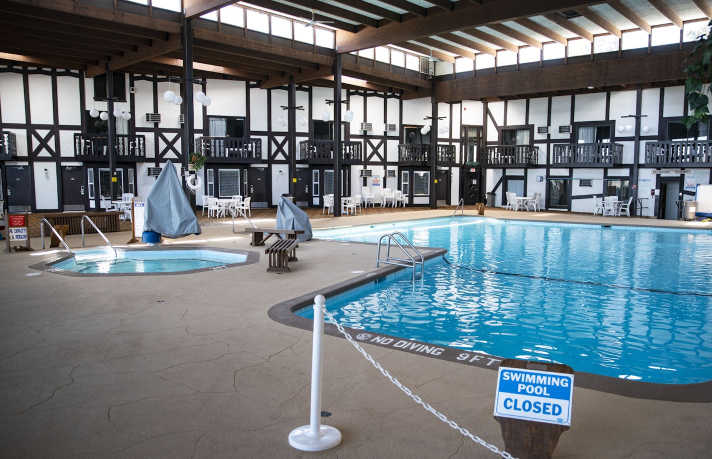 The indoor pool area at Cragun's Resort on Gull Lake is normally buzzing with people this time of year but was closed and empty on Monday. ] ALEX KORMANN • alex.kormann@startribune.com Resorts around Minnesota have been scrambling to figure out ways to salvage the tourist season among the COVID-19 pandemic. Grand View Lodge and Cragun's Resort on Gull Lake are two popular spots in Nisswa, MN that have altered their normal business plans to try and make their properties safer and ready for any an