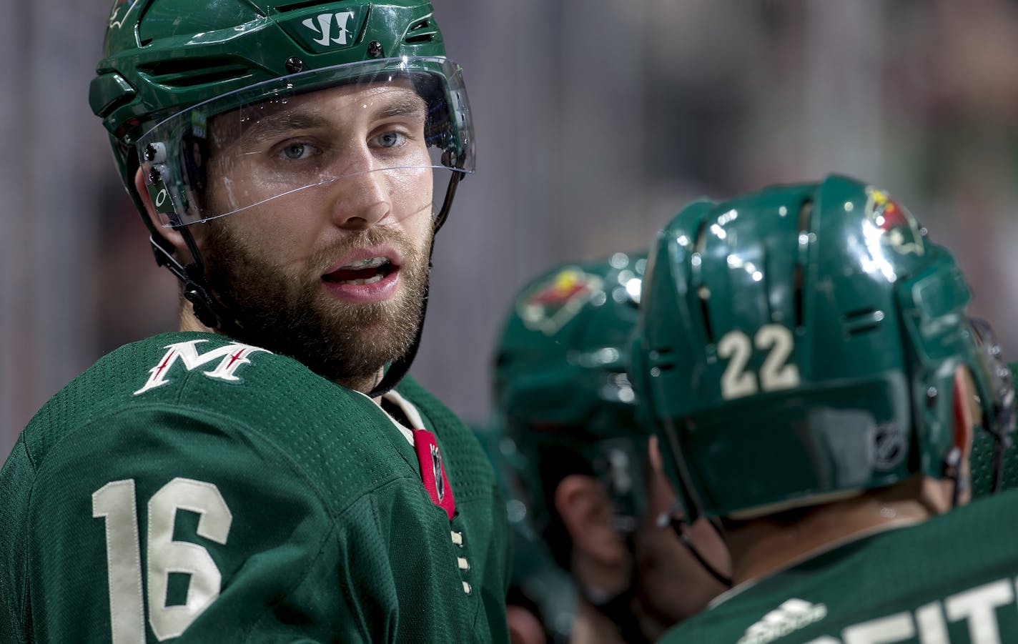 Minnesota Wild Jason Zucker (16). ] CARLOS GONZALEZ &#xef; cgonzalez@startribune.com &#xf1; March 25, 2018, St. Paul, MN, Xcel Energy Center, NHL, Hockey, Minnesota Wild vs. Boston Bruins