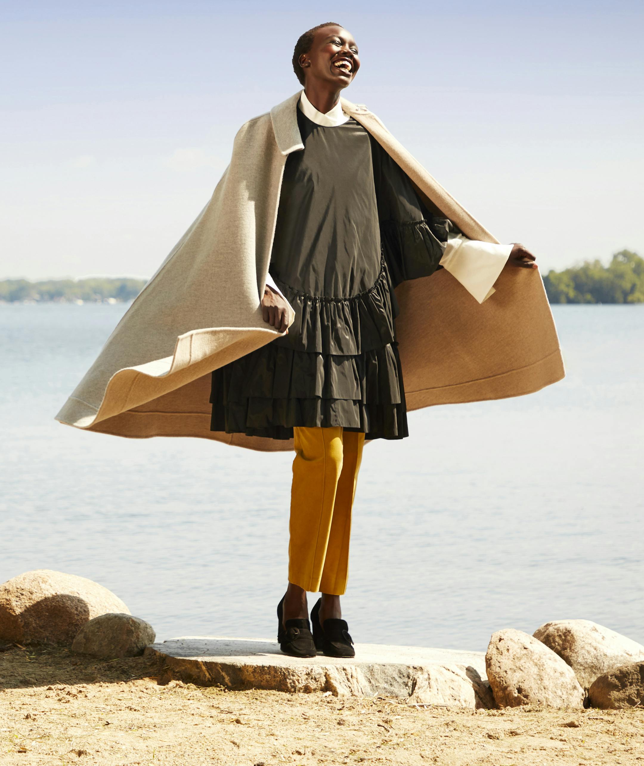 Phelps Bay Simone Rocha Black Blouse $800 nordstrom.com JW Anderson A-Line Cape $708 farfetch.com Tory Burch Yellow Corduroy Pants $80 tjmaxx.com Frame White Button Up $82 nordstromrack.com Marc Fisher shoes $45 nordstromrack.com Photographer: Michael Haug michael@michaelhaug.com Creative Director/Wardrobe Stylist: Barbara Schmidt, studiobstyle, inc. barbara@studiobstyle.com HMU: Janelle Geason, jgeason@aveda.com Talent Agency: Ignite ignite-models.com Model: Chudier Dobuol Assistant Stylist: Ha