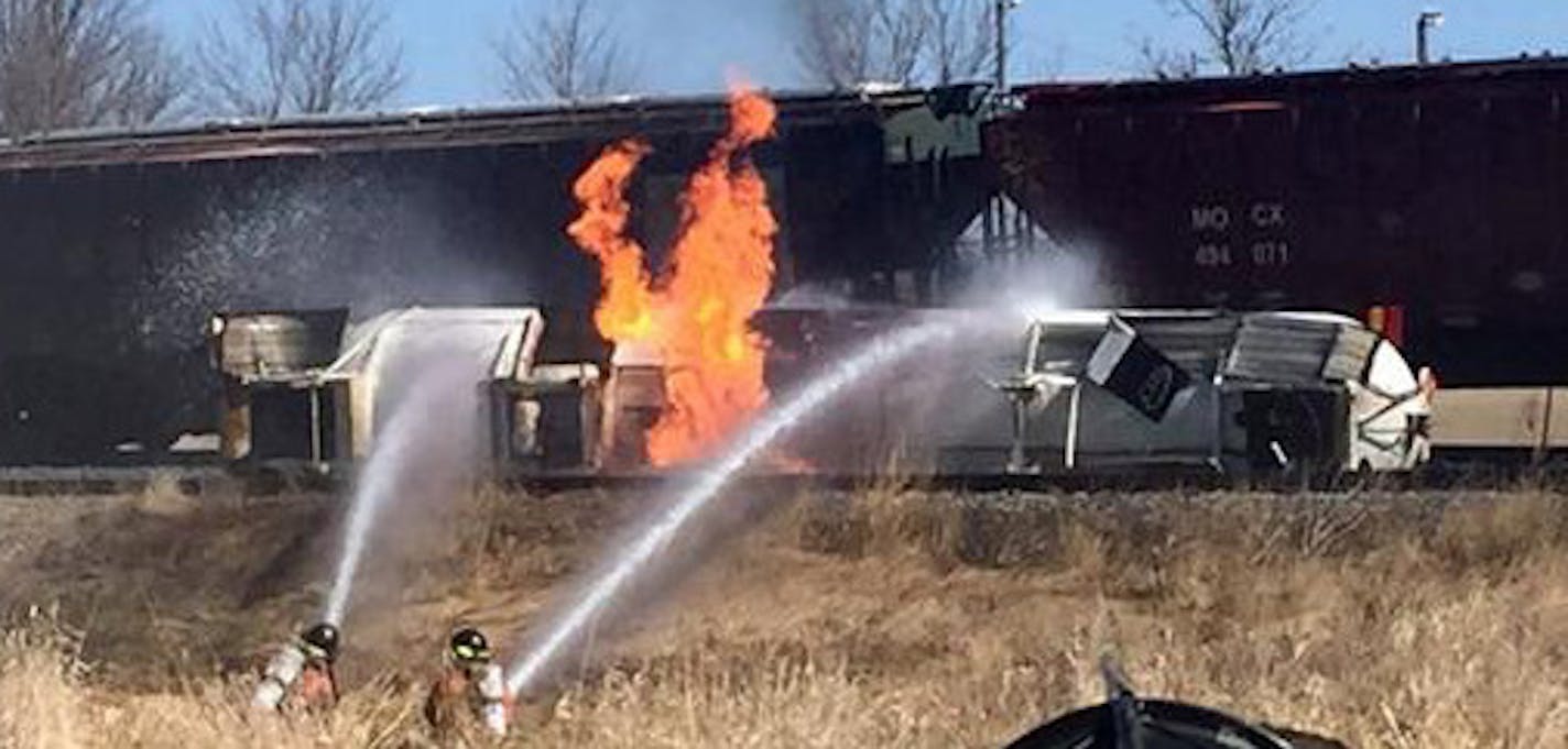 Firefighters at a train derailment in Callaway, MN. photo courtesy of Brad Riggle/WDAY-TV Mandatory credit. 3/24/2016