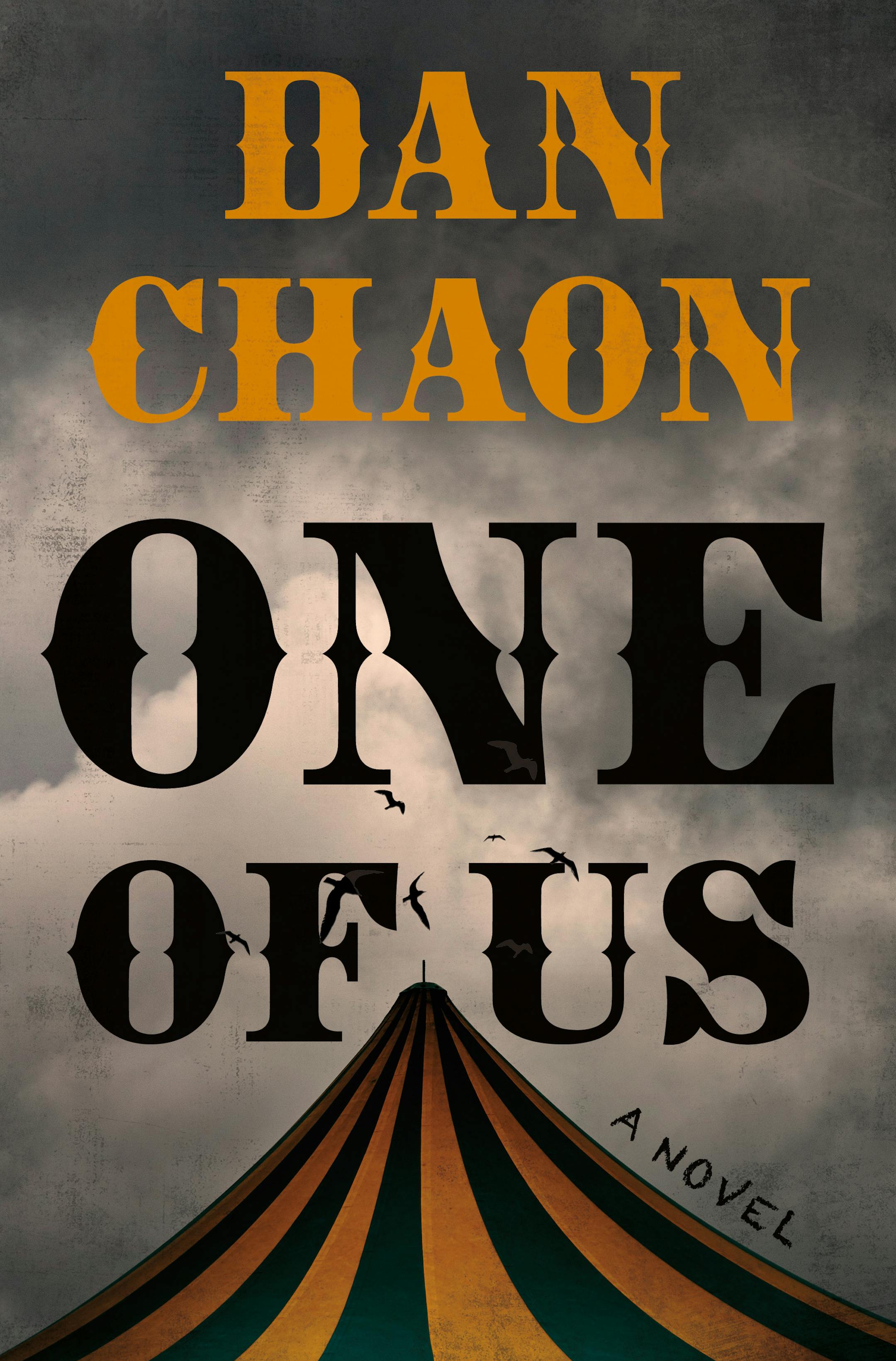cover of One of Us is a painting that depicts a dark, cloudy sky over the top of a circus tent, with black birds circling