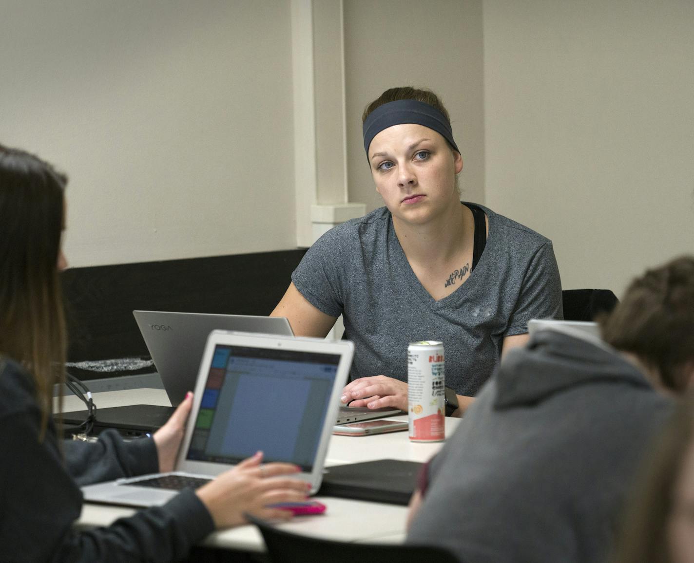 Jessica Woratschka is a 23-year-old sophomore elementary education major at Minnesota State University Mankato. Woratschka served with the Minnesota National Guard in Kuwait last year, during which she took 6 courses (worth 19 credits). Now she's back in school, shown here in her English class.
brian.peterson@startribune.com
Mankato, MN
Wednesday, September 11, 2019