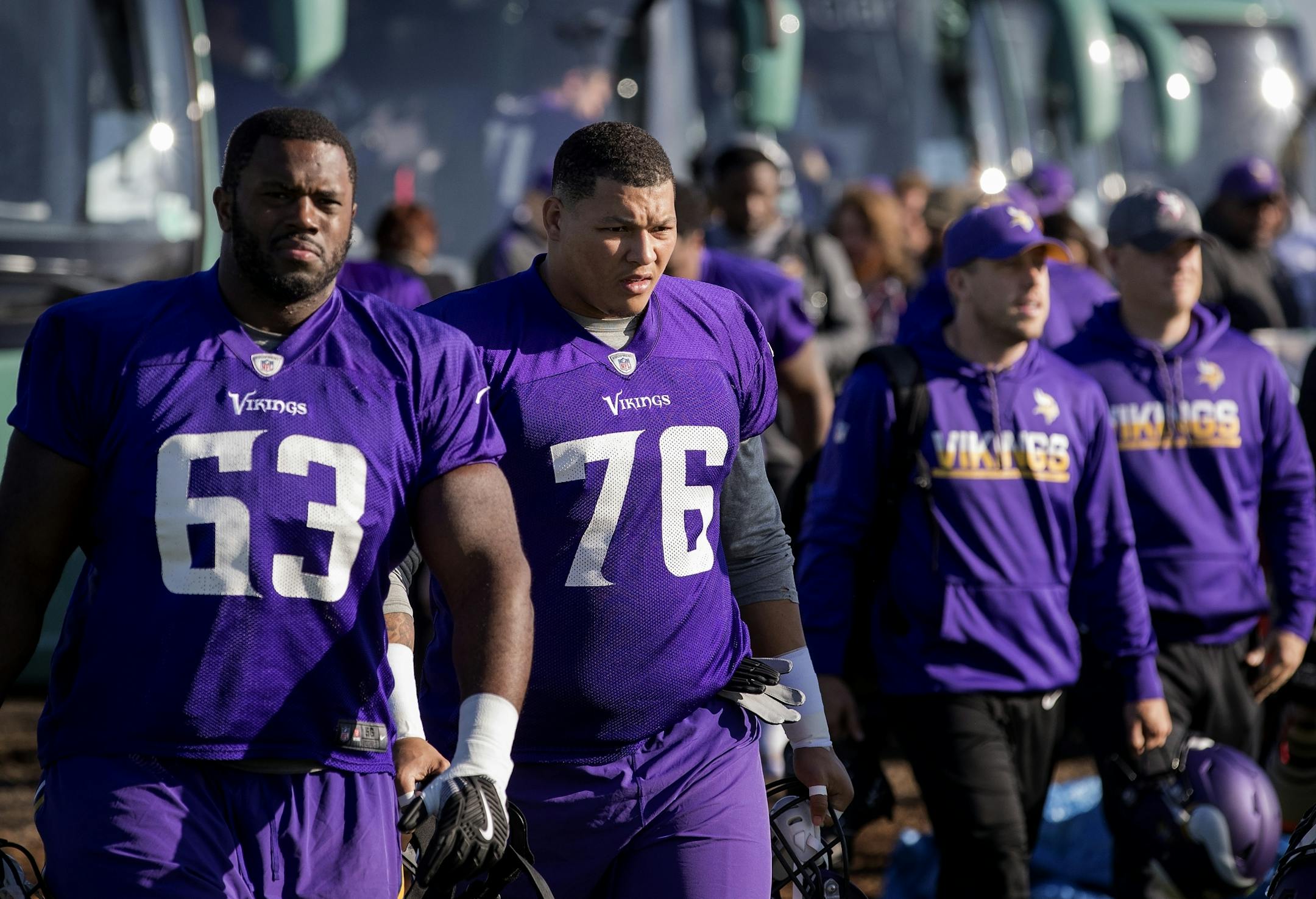 Minnesota Vikings players and coaches got off the team busses before practice at the London Irish Training Ground in perpetration for a game vs. the Cleveland Browns.