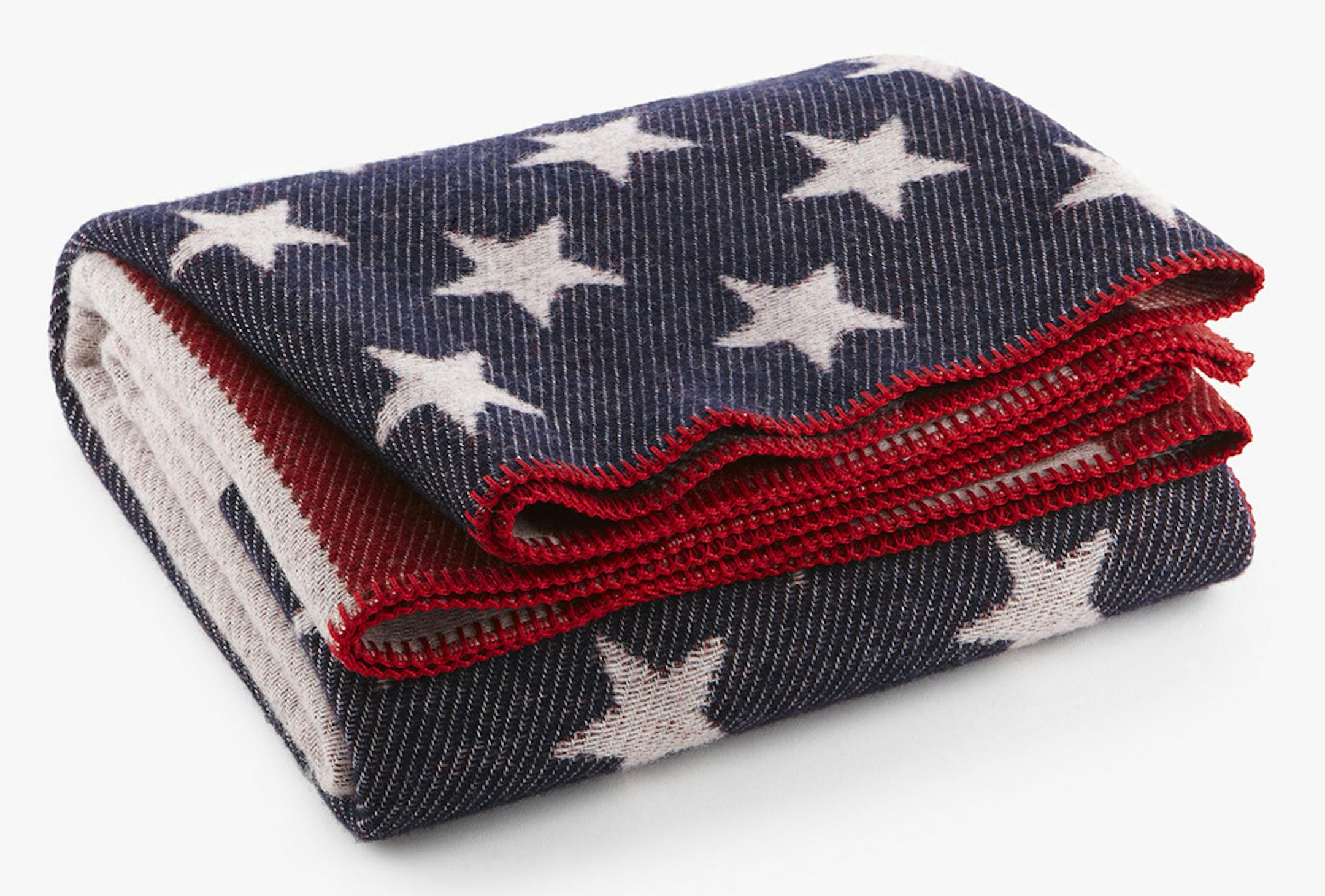 American flag throw A new, first-quality American Flag throw from Faribault Woolen Mill is $190 or $55 for second quality at the tent sale. Cabin Wool blankets in natural that range from $250 to $380 new, depending on size, will be $40 to $65 for seconds at the sale. A new Revival Stripe blanket in bone white is $400 in queen size but $100 at the seconds sale Friday and Saturday.