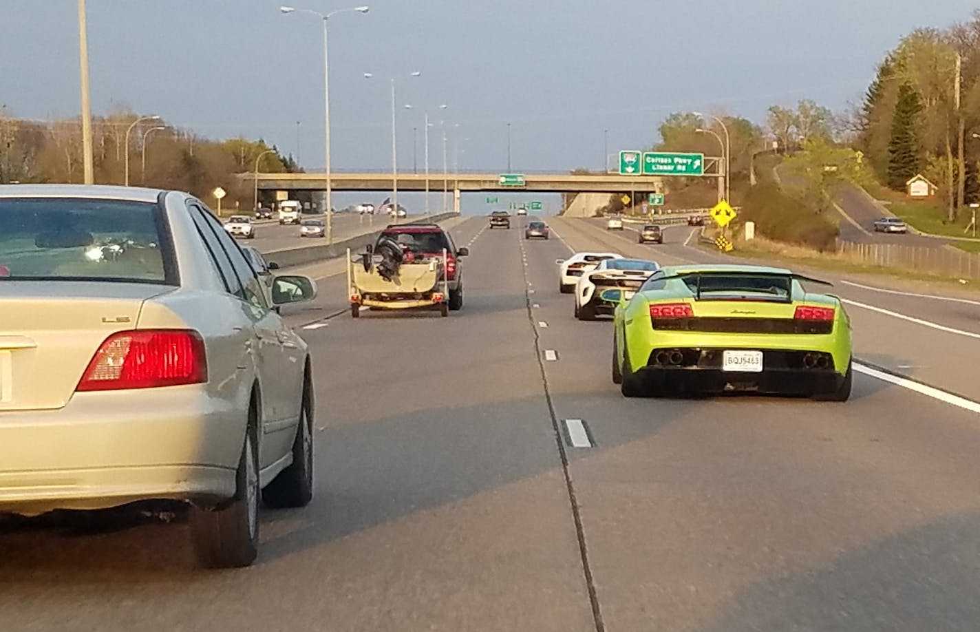 A traveler eastbound on Hwy 394/Hwy 12 snapped pictures of some of the sports cars that were racing in the west metro Saturday 4/23/16. Credit: Submitted photo