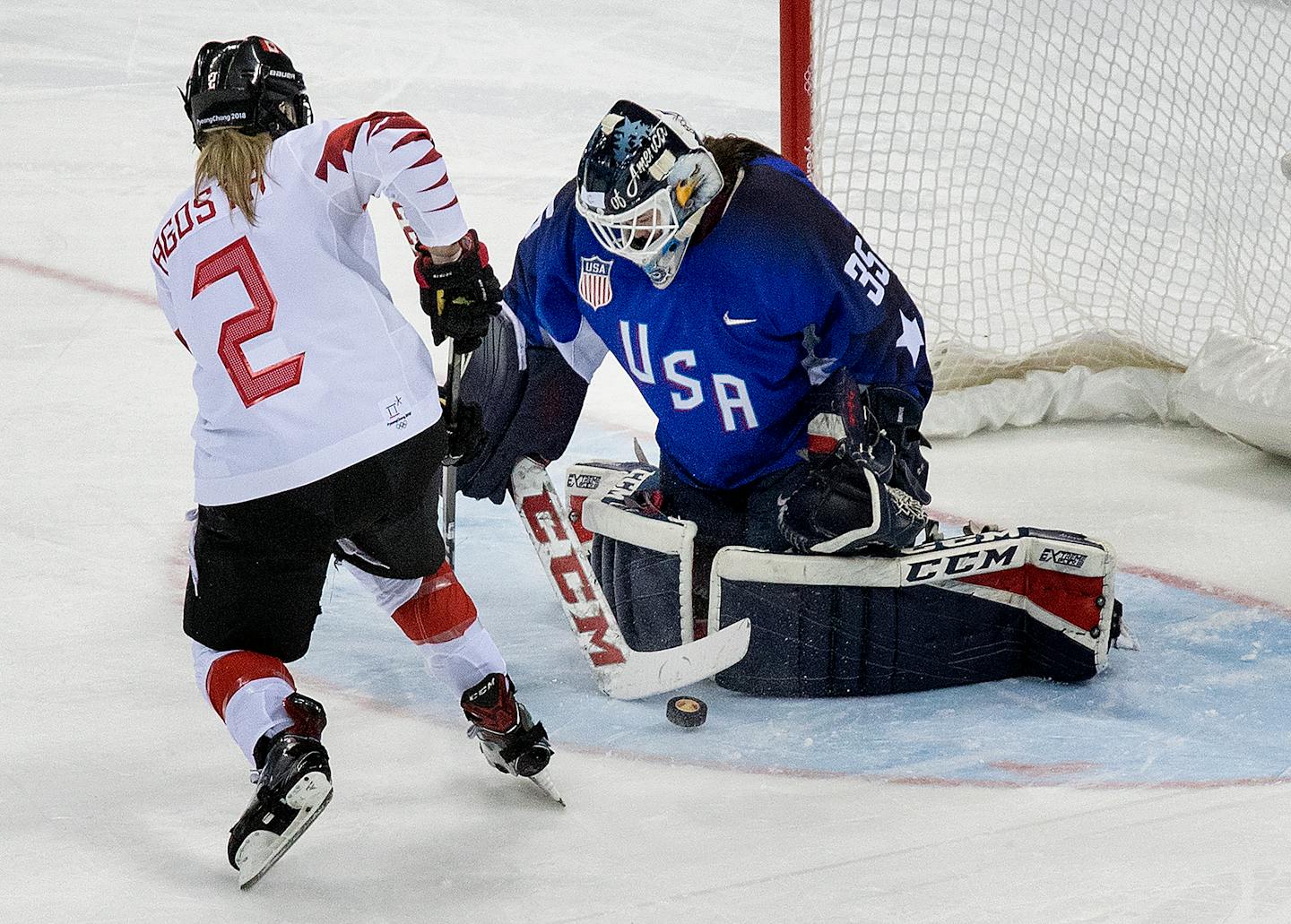 USA goalie Maddie Rooney (35) (Andover, MN) blocked a shot by Meghan Agosta (2) on the last attempt of the shootout to win the game.