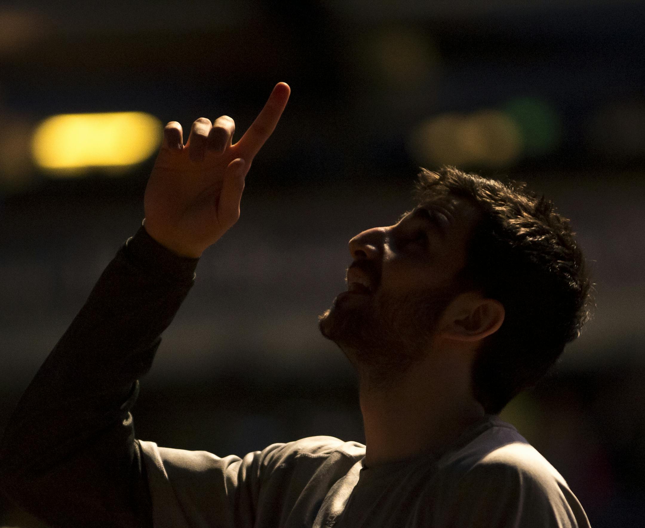 Minnesota Timberwolves guard Ricky Rubio (9) says a prayer before taking on the Memphis Grizzlies Friday night. ] (Aaron Lavinsky | StarTribune) The Memphis Grizzlies play the Minnesota Timberwolves on Friday, Feb. 6, 2015 at Target Center.