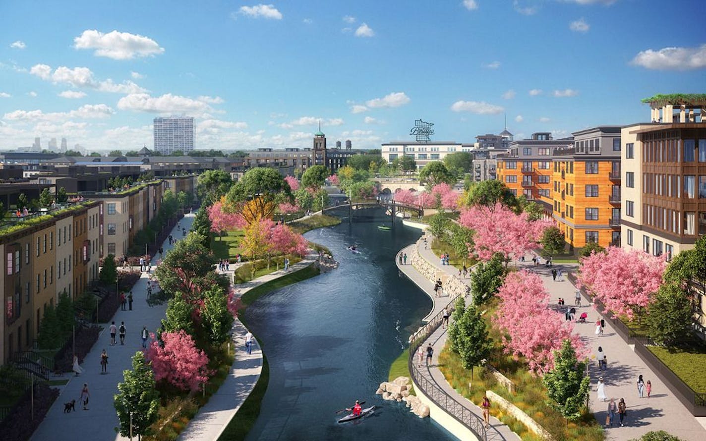 A rendering of the Highland Bridge central water feature at the St. Paul development.