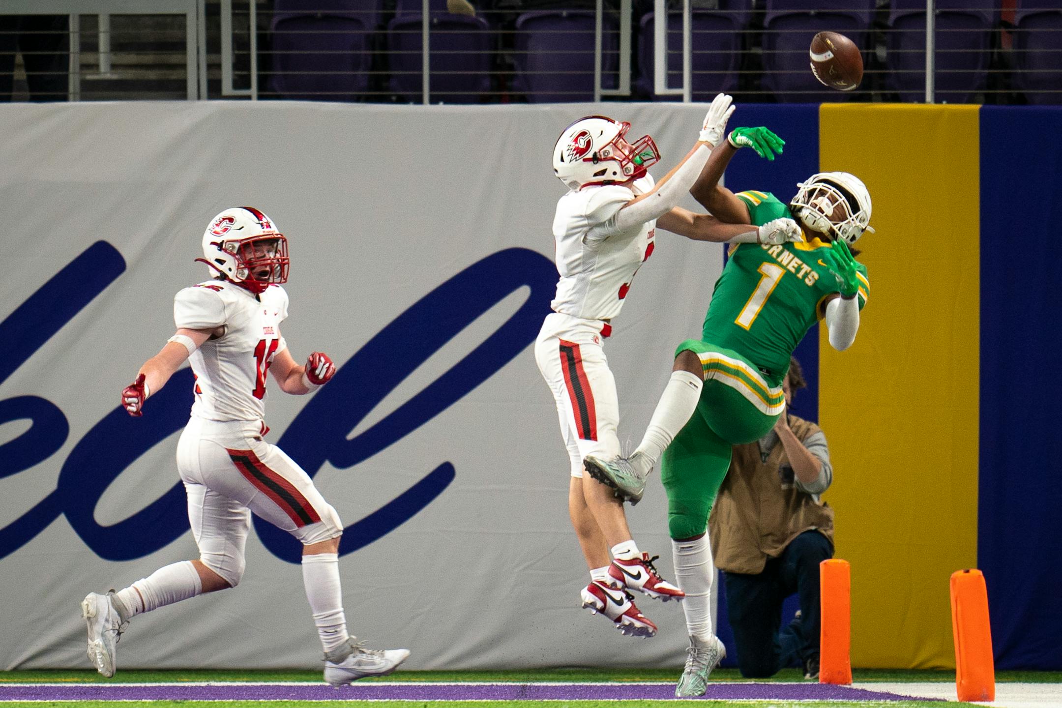 Centennial High School cornerback/wide receiver Will Quick (3) intercepts a touchdown pass to Edina High School wide receiver Sonny Villegas (1) at the 6a Championship game at U.S. Bank Stadium for the Prep Bowl XLI in Minneapolis on Friday, Nov. 24, 2023. ] Angelina Katsanis • angelina.katsanis@startribune.com