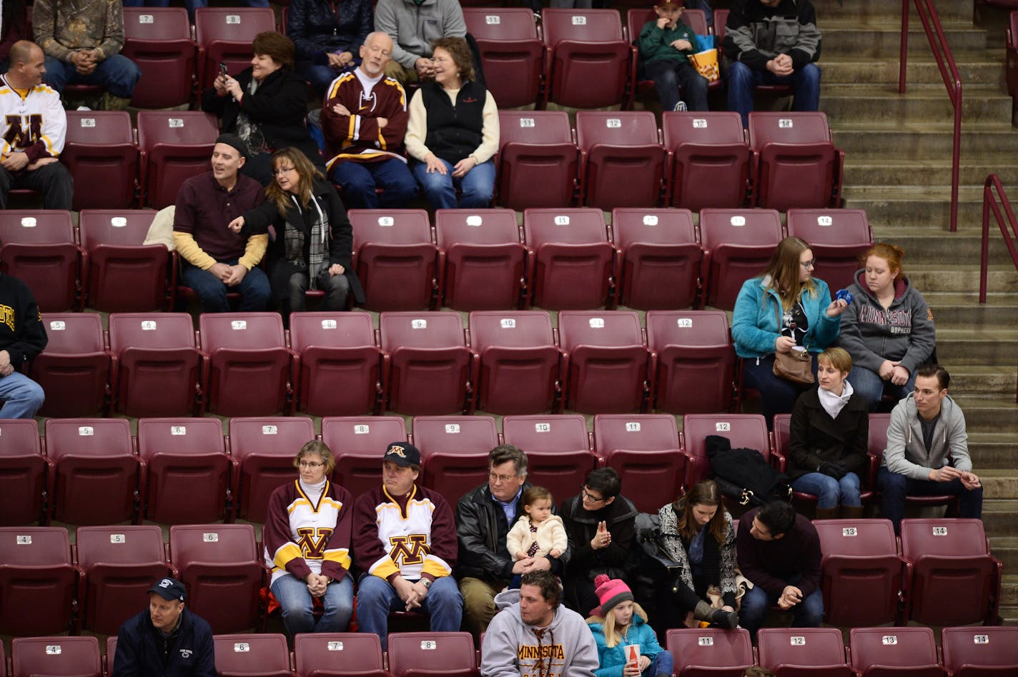 Fans sat in the stands during a University of Minnesota men's hockey game against the Penn State Nittany Lions Friday night. The announced attendance was 10,053. ] (AARON LAVINSKY/STAR TRIBUNE) aaron.lavinsky@startribune.com The University of Minnesota Golden Gophers men's hockey team played the Penn State Nittany Lions on Friday, Feb. 5, 2016 at Mariucci Arena in Minneapolis, Minn.