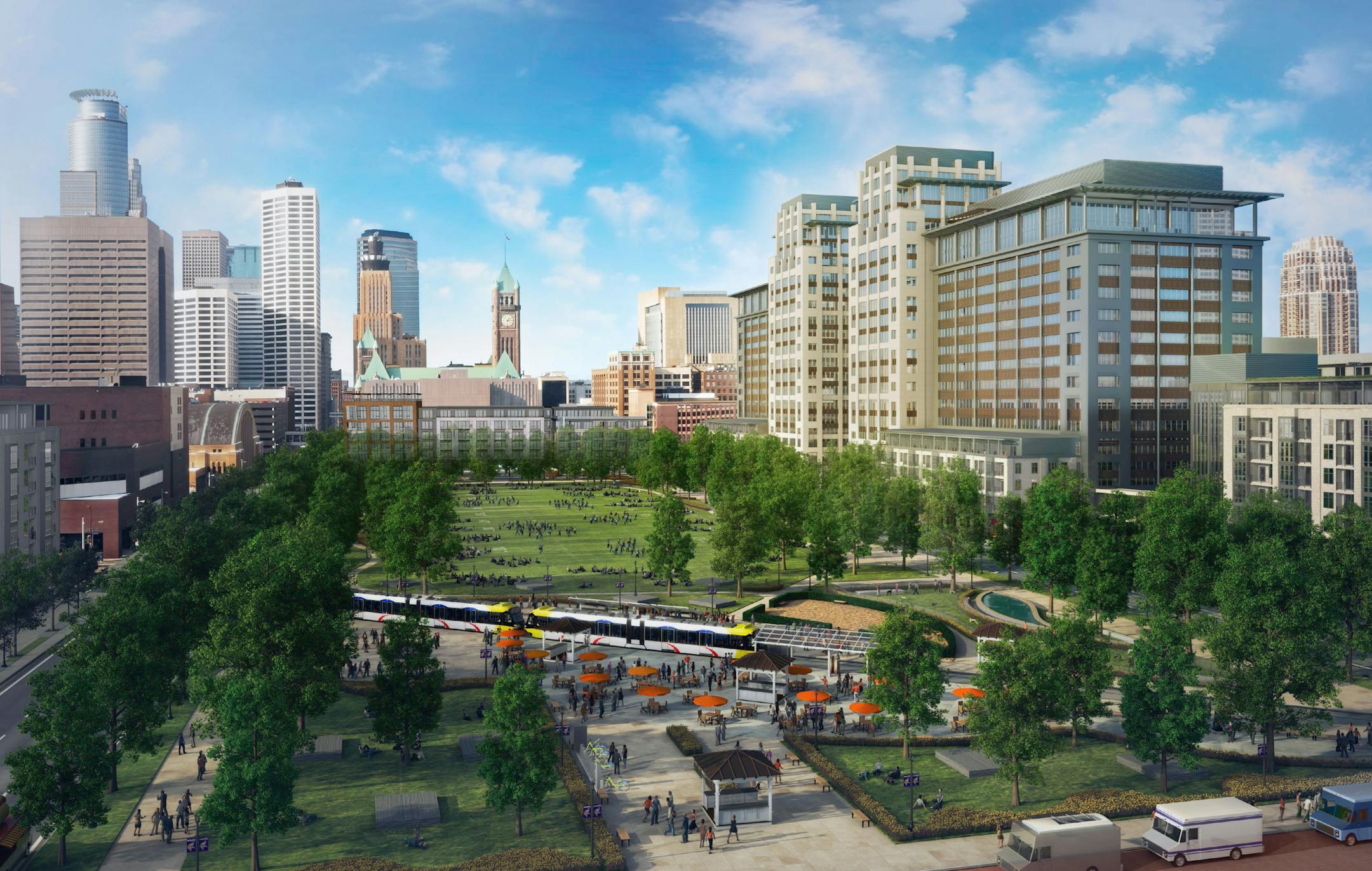 Ryan Companies proposes a $400 million redevelopment of five blocks now dominated by surface parking lots between the downtown central business district and the new Vikings stadium. This revised rendering includes an apartment building on the west end of the park space.