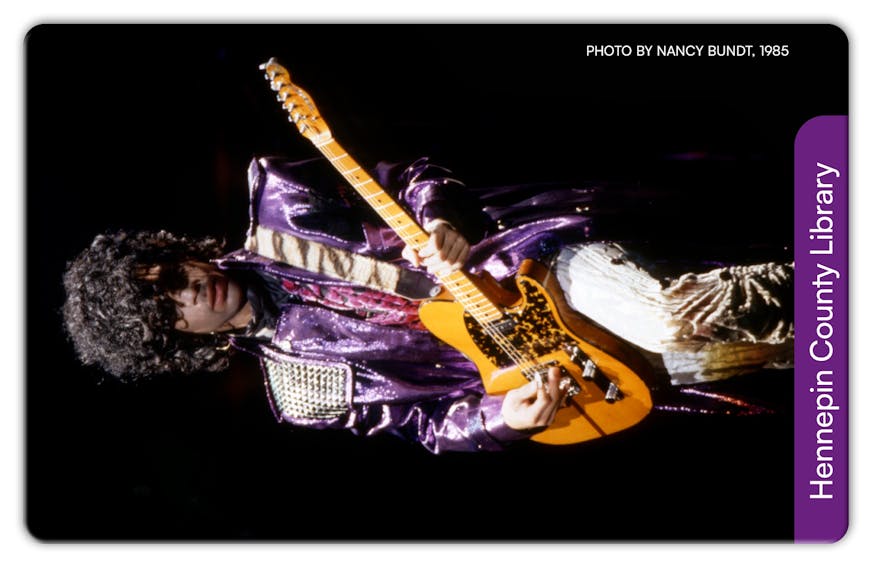 photo of Prince playing guitar on a library card