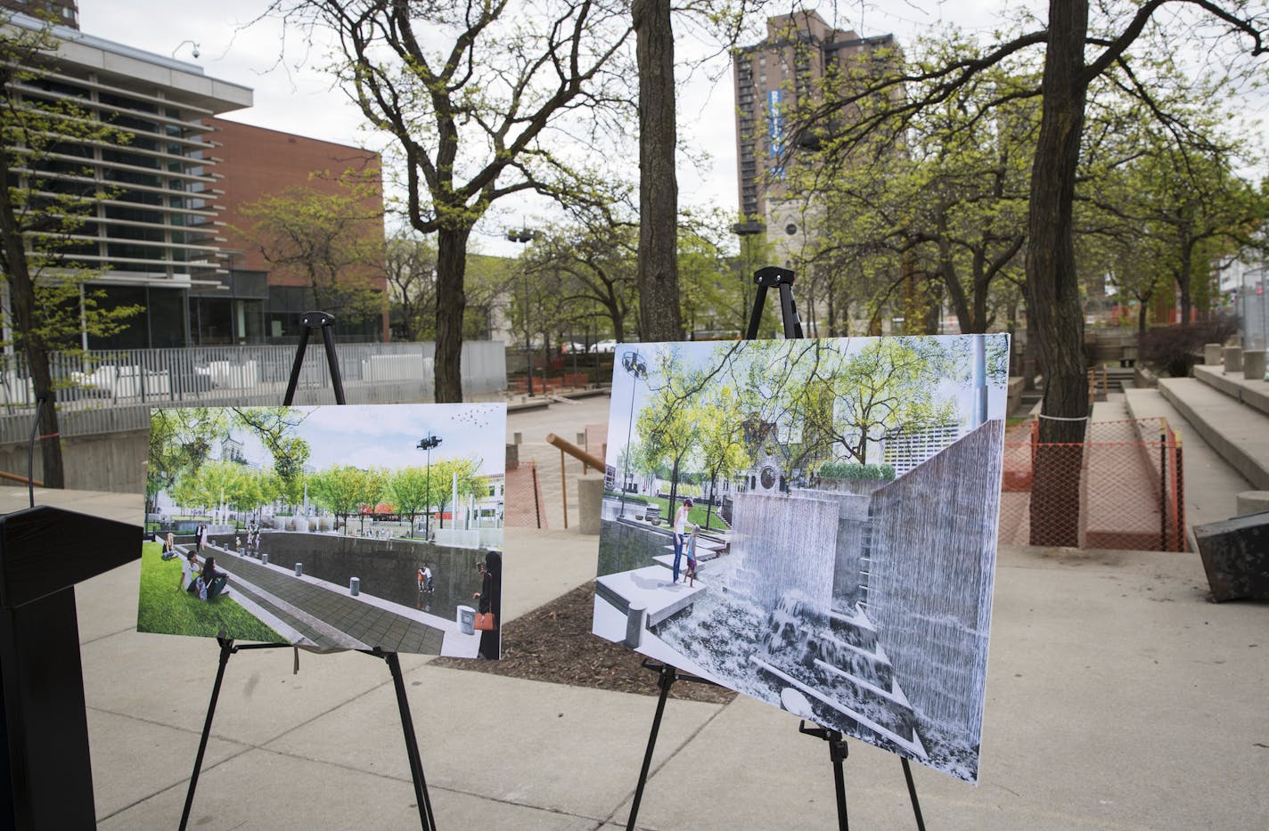 Renderings of the future plans of Peavey Plaza were on display during a press conference announcing the beginning of construction at the downtown park in Minneapolis, Minn. on May 14, 2018. ] RENEE JONES SCHNEIDER &#x2022; renee.jones@startribune.com