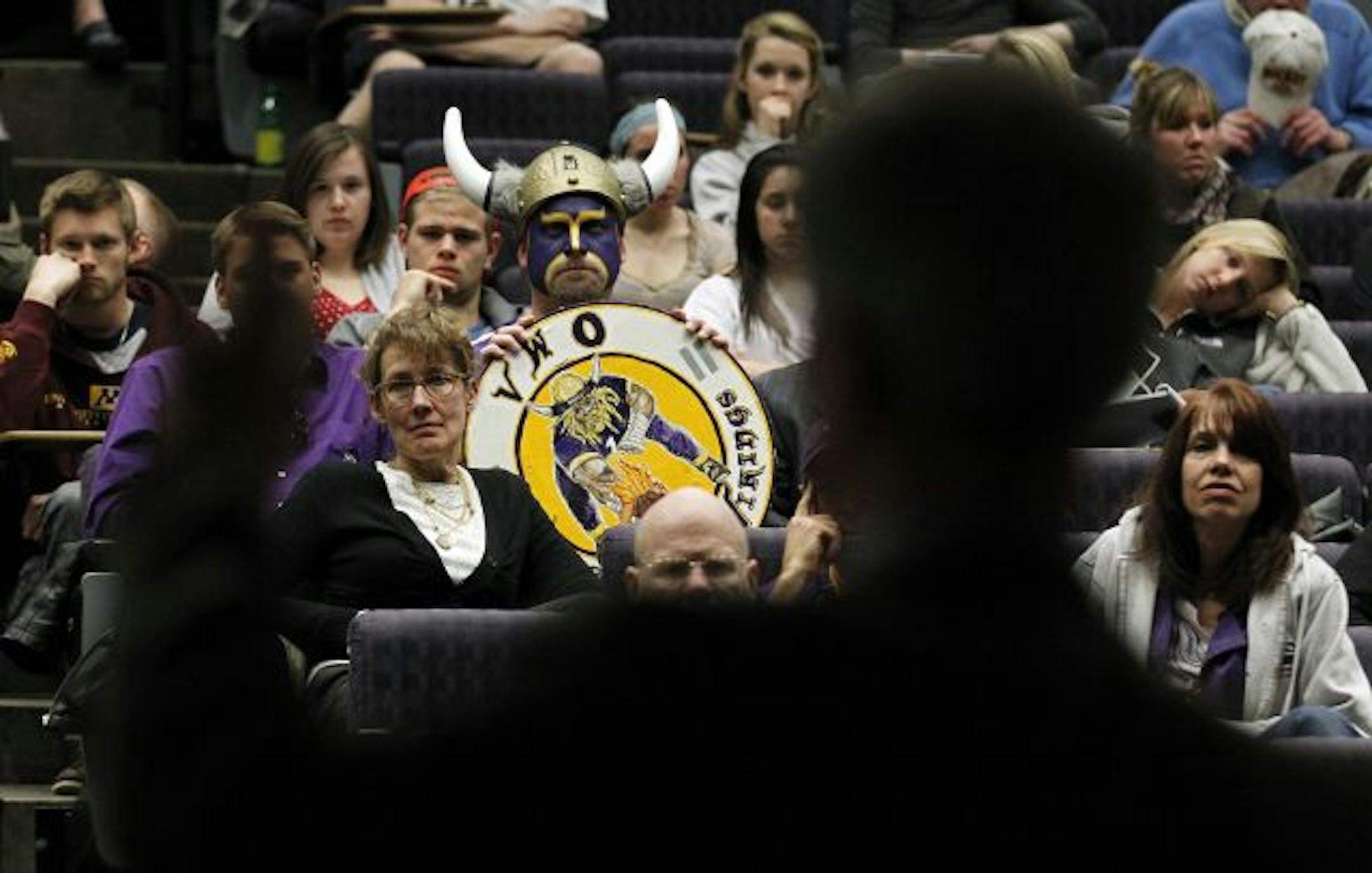 State Sen. John Marty presented his case opposing public funding for a Viking stadium to the audience at Willey Hall at the University of Minnesota Wednesday night. Four veterans of the stadium wars were on hand for the debate.