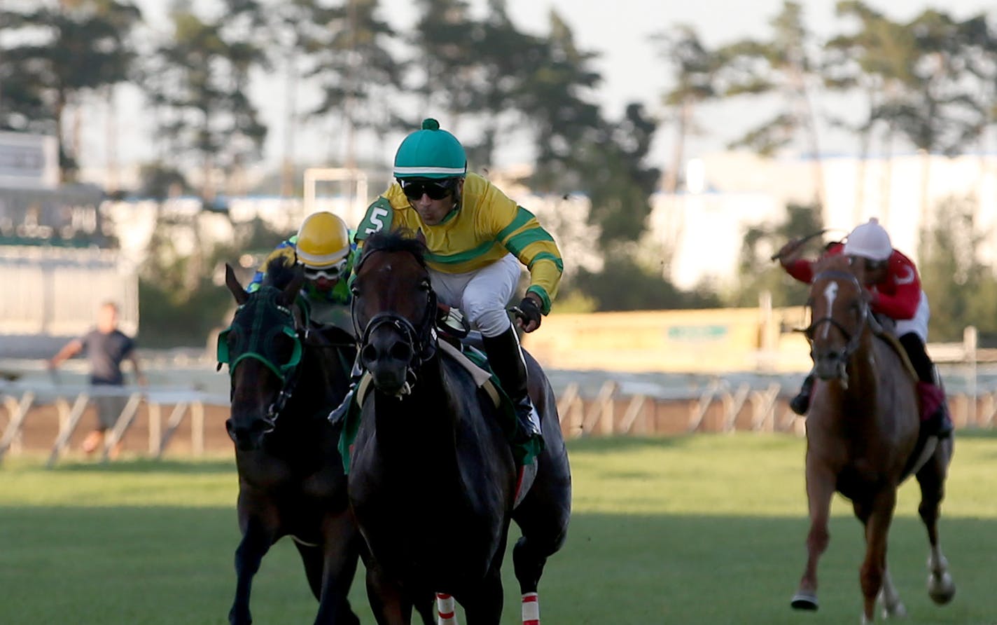 Jockey Leandro Goncalves on the back of Barley Twist pulled away from the pack to winhis first race of the night. ] (KYNDELL HARKNESS/STAR TRIBUNE) kyndell.harkness@startribune.com Following jockey Leandro Goncalves during a part of his racing day at Canterbury Park in Shakopee, Min., Thursday July 30, 2015.