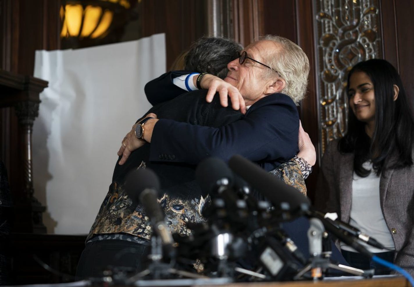 Attorney Jeff Anderson hugged Laura Stearns during a press conference at his office after a Minneapolis jury found the Children's Theatre negligent in the sexual abuse of Stearns in the 1980s but did not award damages. The jury also found former Children's Theatre employee and restaurateur Jason McLean liable in the sexual and awarded his victim, Stearns, $3.68 million. Photographed in St. Paul, Minn., on Friday, February 1, 2019.