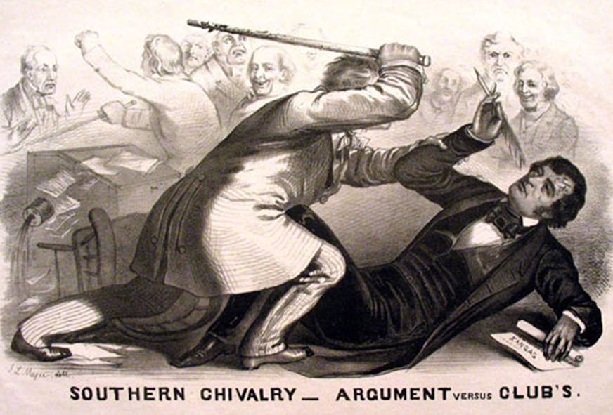 By John L. Magee (c.1820&#xf1;c.1870) - Lithograph reproduced here, Public Domain
A lithograph cartoon depicting Preston Brooks' attack on Charles Sumner in the U.S. Senate chamber.