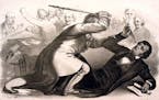 By John L. Magee (c.1820&#xf1;c.1870) - Lithograph reproduced here, Public Domain
A lithograph cartoon depicting Preston Brooks' attack on Charles Sum