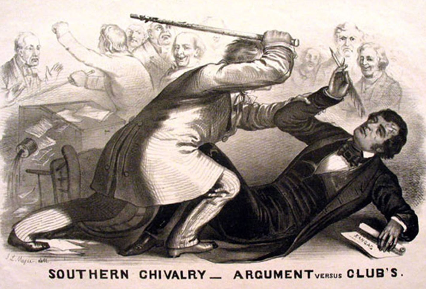 By John L. Magee (c.1820&#xf1;c.1870) - Lithograph reproduced here, Public Domain
A lithograph cartoon depicting Preston Brooks' attack on Charles Sumner in the U.S. Senate chamber.