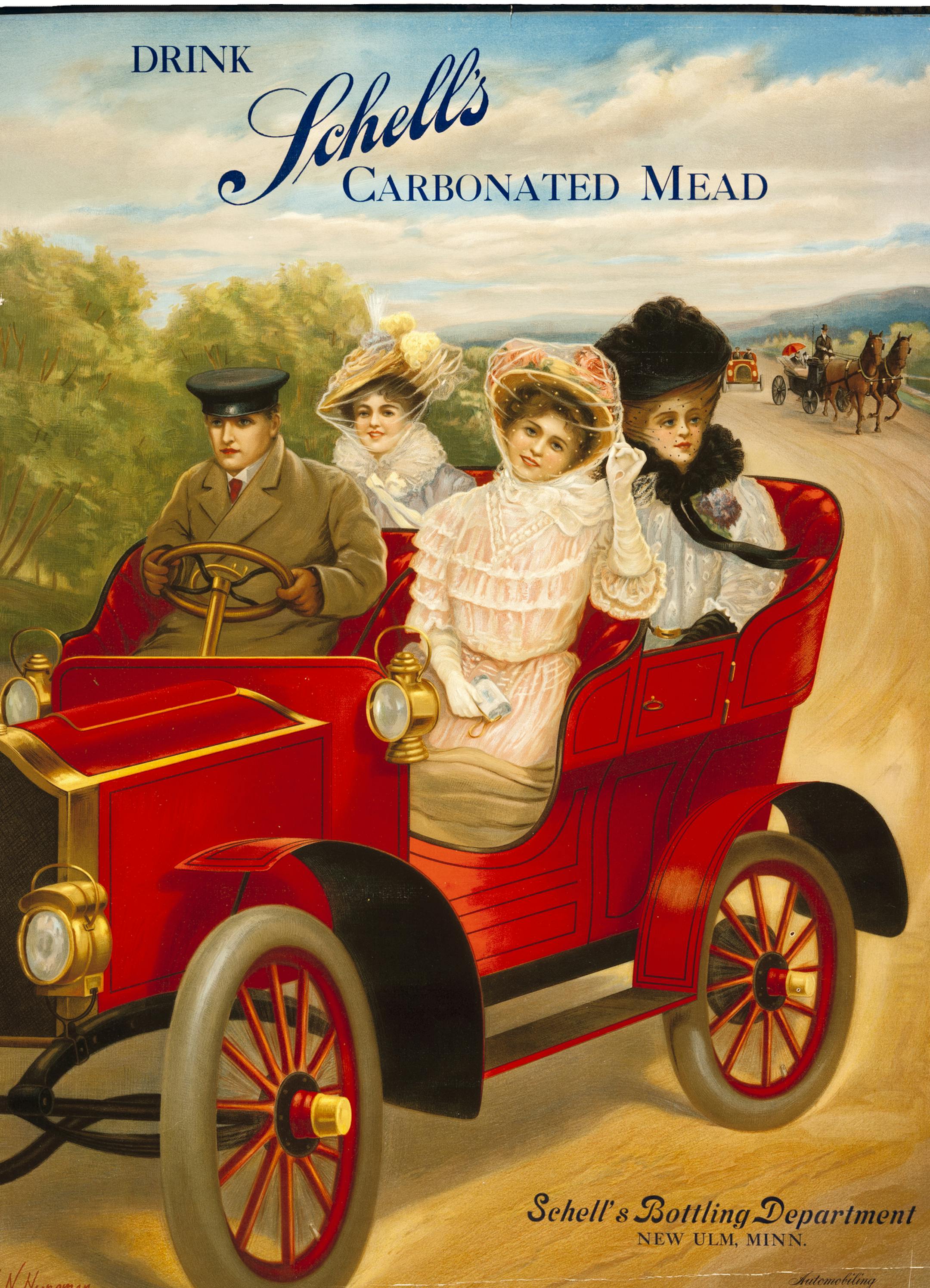 Archival photos and ads highlight Minnesota products, such as Schell's beer.