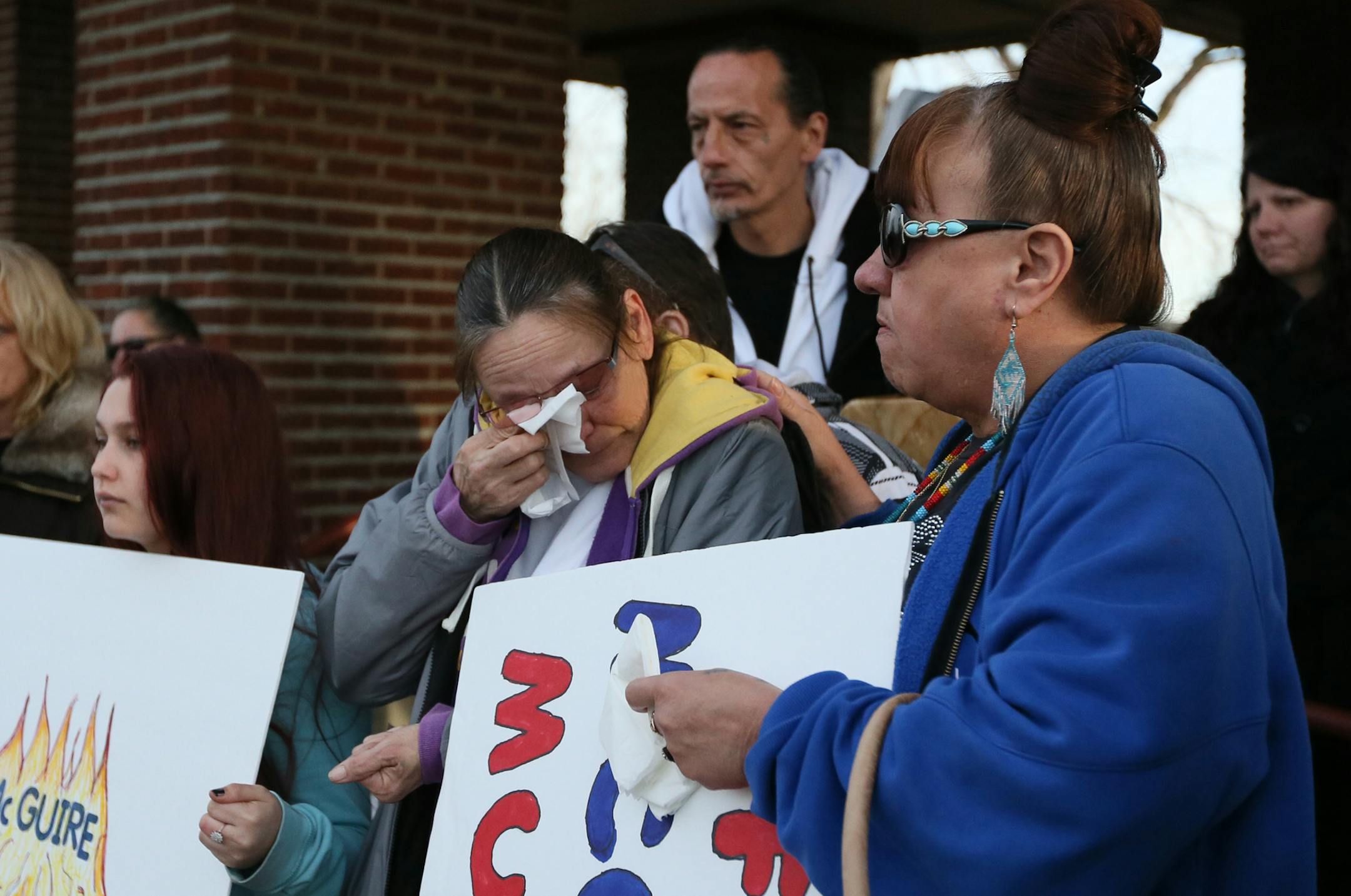 Supporters react while Darleen Tareeq, the fiance&#xc8; of Phillip Quin, addressed a group of Native Lives Matter protesters at Indian Mounds Park in St. Paul on Saturday, February 27, 2016. The group initially planned on meeting up with Black Lives Matter at the Red Bull Crashed Ice event until BLM canceled their plans. ] (SHARI L. GROSS/STAR TRIBUNE) SHARI L. GROSS &#xef; sgross@startribune.com