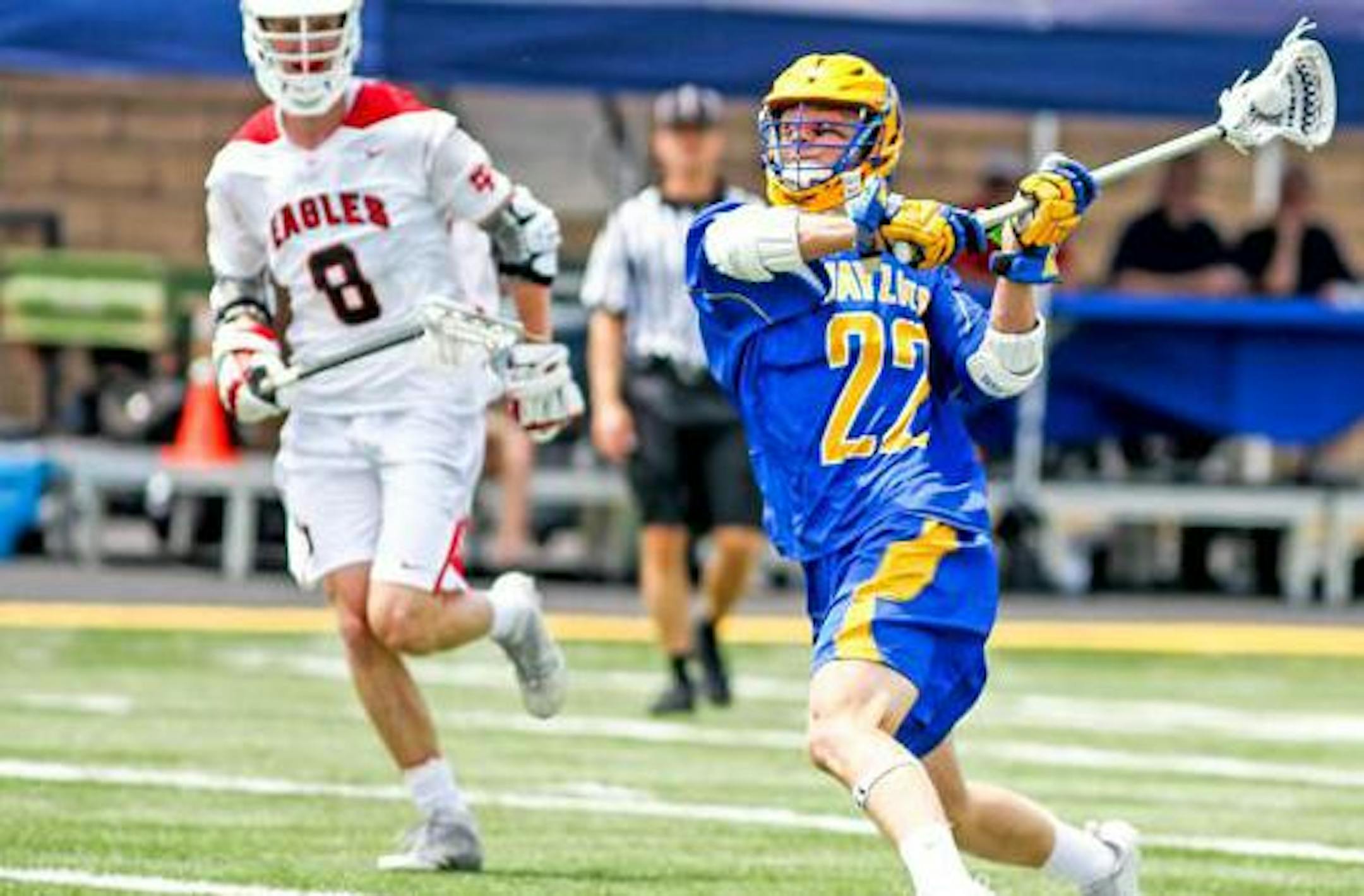 Wayzataís Brayden Nelson (22) puts a shot on net. State boys lacrosse at Chanhassen, Eden Prairie vs. Wayzata, 6-13-17. Photo by Mark Hvidsten, SportsEngine