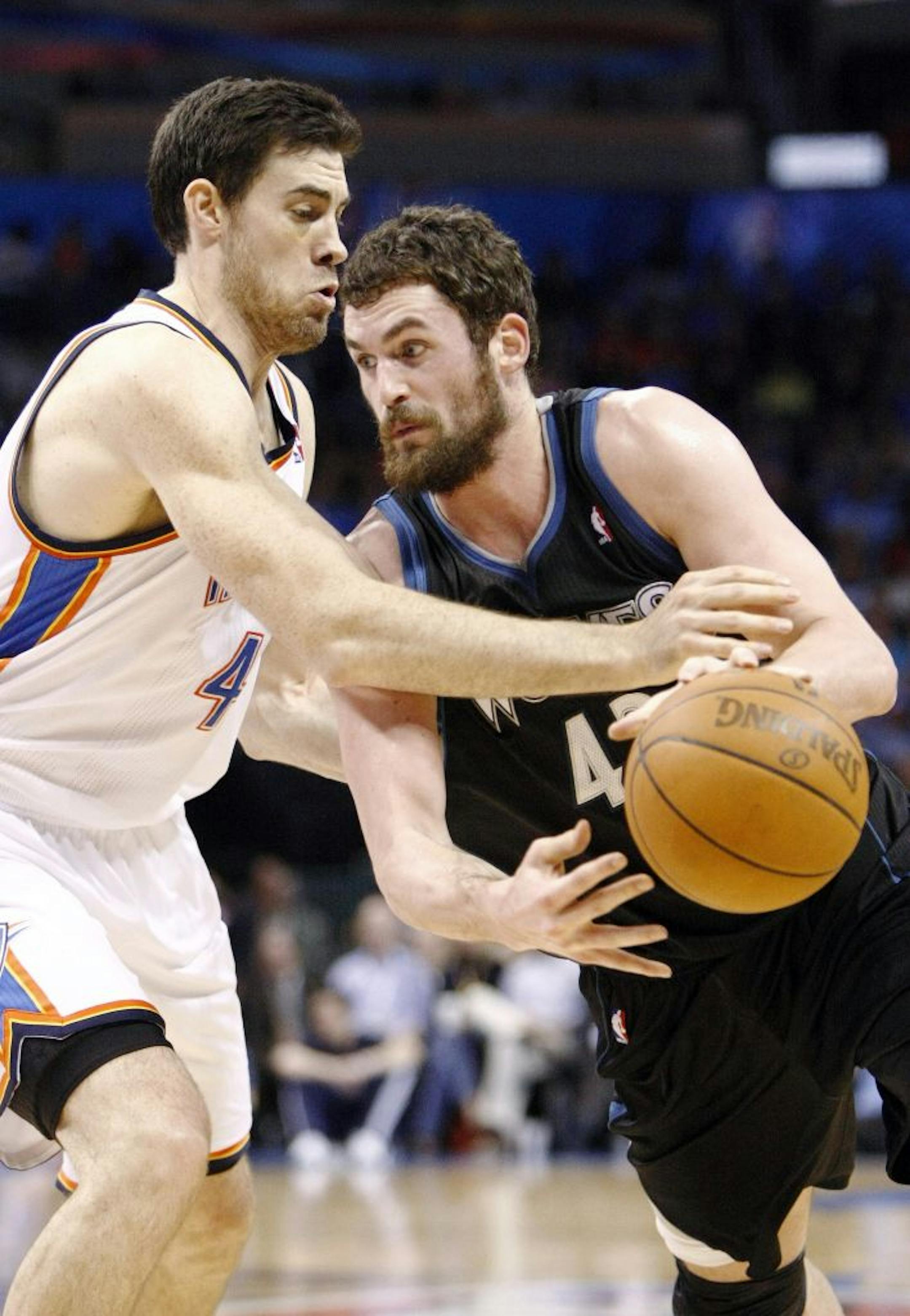 Kevin Love tried to get around Nick Collison in the second quarter of the Wolves' most recent game against the Thunder, on March 23, when Oklahoma City prevailed in two overtimes.