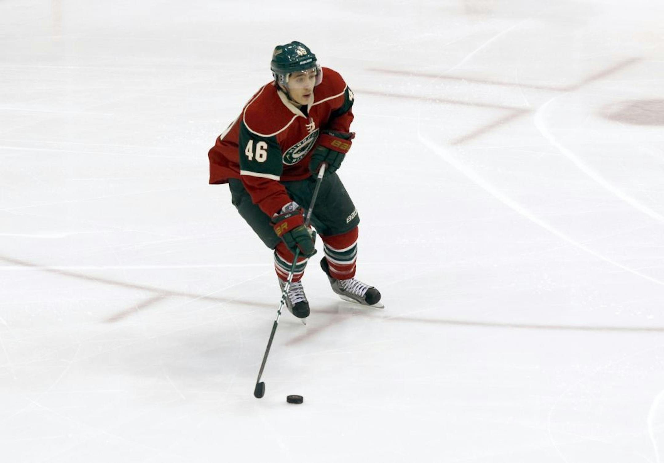 Minnesota Wild defenseman Jared Spurgeon (46) shown in an NHL hockey game Sunday, March 11, 2012, in St. Paul, Minn.