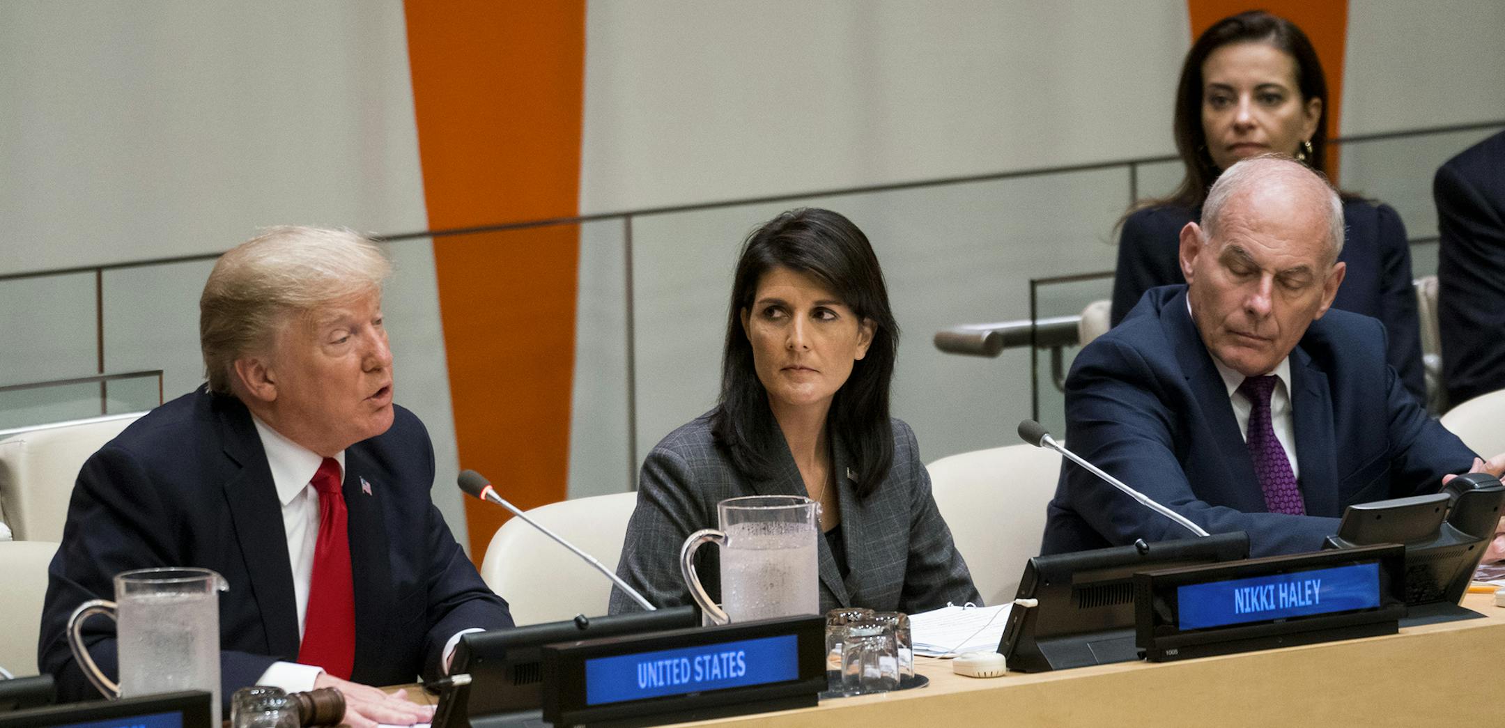 President Donald Trump addresses a meeting on United Nations reform at the United Nations headquarters in New York, Sept. 18, 2017. Next to Trump is, from right, White House Chief of Staff John Kelly, and Nikki Haley, U.S. ambassador to the U.N. (Doug Mills/The New York Times) ORG XMIT: MIN2017091813254216
